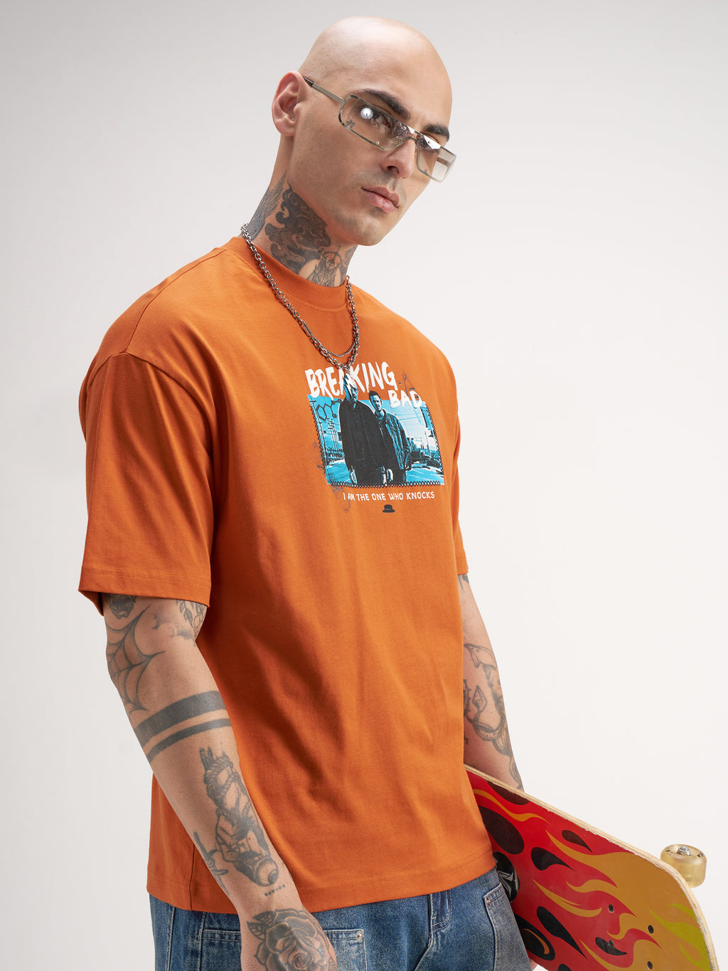 Highlander Men Orange Breaking Bad Printed Round Neck Oversized Fit T-Shirt - Orange - Image 6