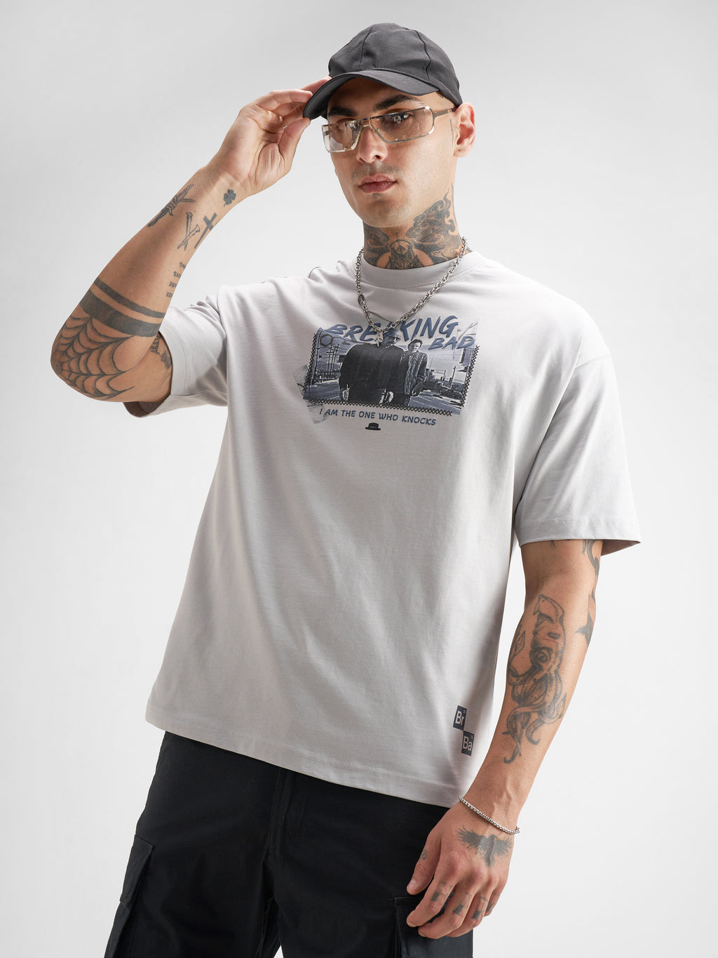 Highlander Men Orange Breaking Bad Printed Round Neck Oversized Fit T-Shirt - Grey - Image 3