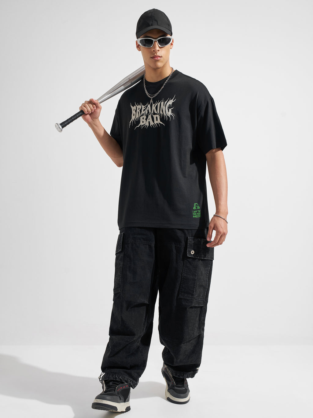 Highlander Men Black Breaking Bad Printed Round Neck Oversized Fit T-Shirt