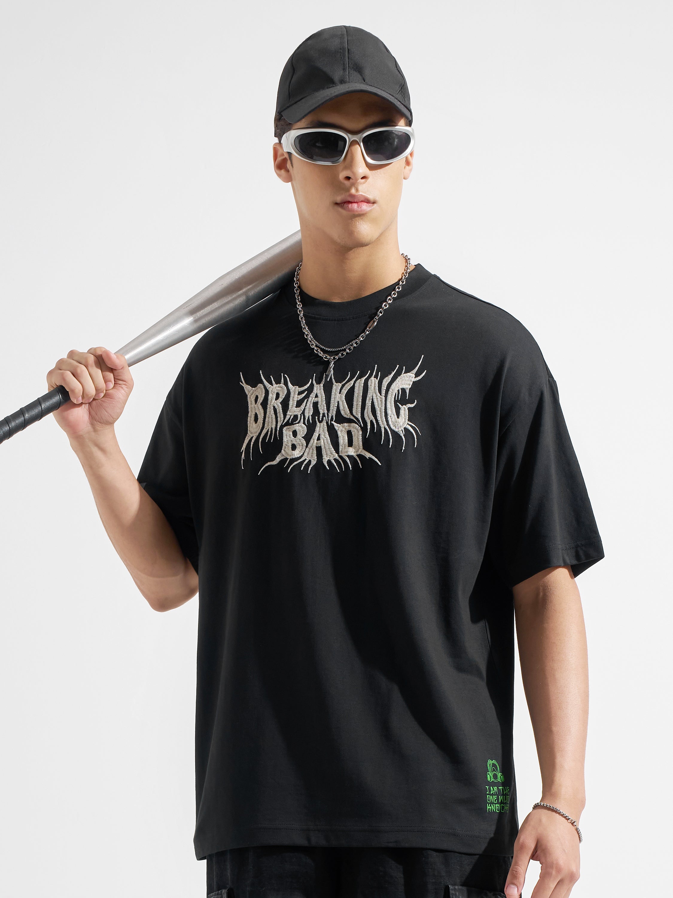 Highlander Men Black Breaking Bad Printed Round Neck Oversized Fit T-Shirt