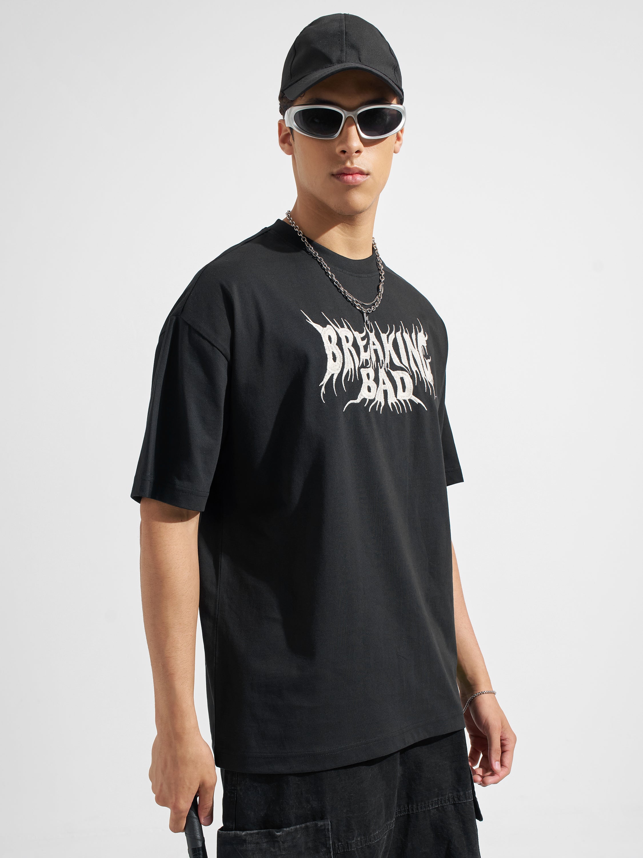 Highlander Men Black Breaking Bad Printed Round Neck Oversized Fit T-Shirt