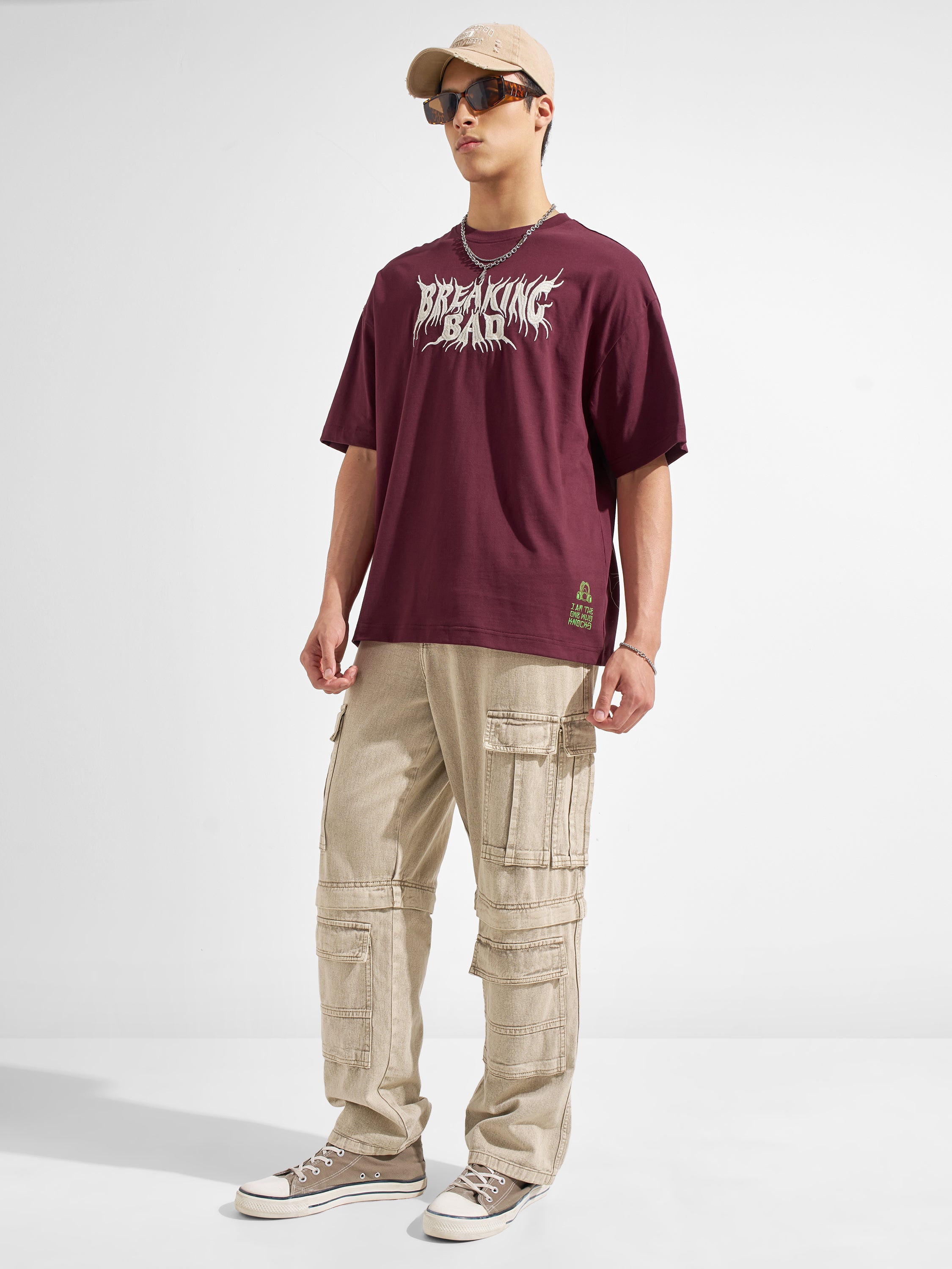 Highlander Men Maroon Breaking Bad Printed Round Neck Oversized Fit T-Shirt