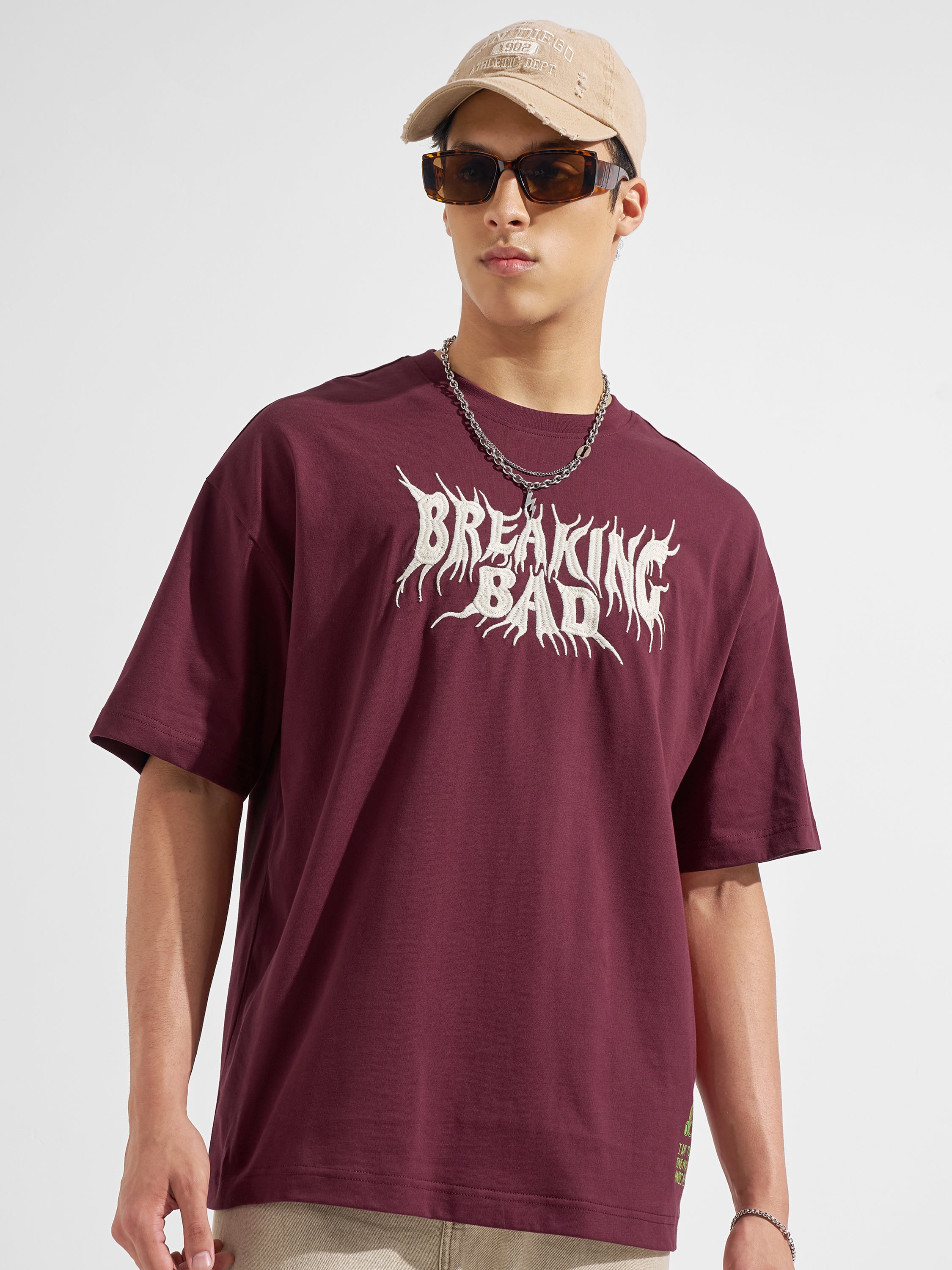 Highlander Men Maroon Breaking Bad Printed Round Neck Oversized Fit T-Shirt