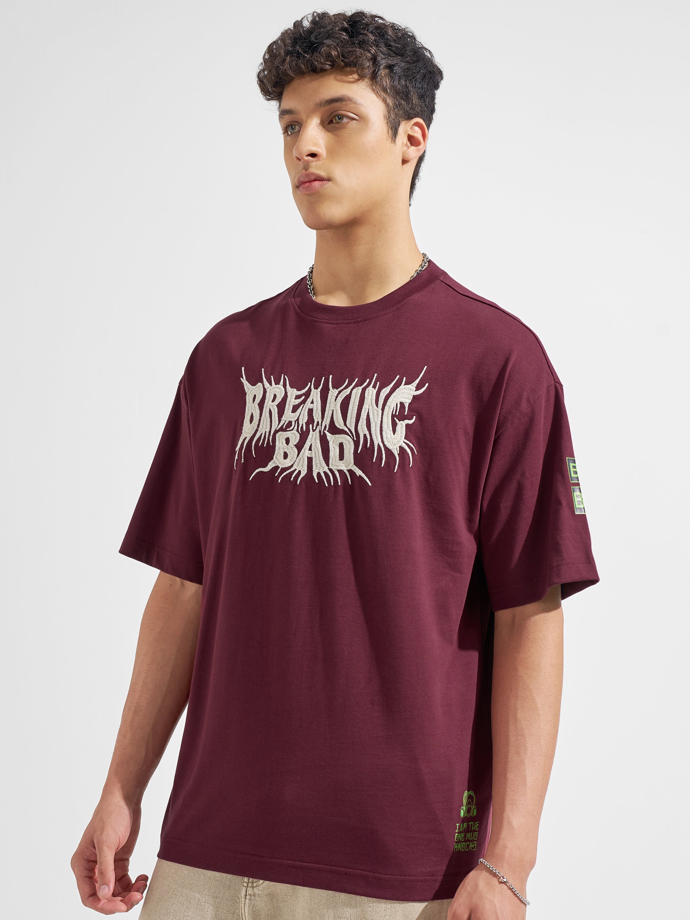 Highlander Men Maroon Breaking Bad Printed Round Neck Oversized Fit T-Shirt