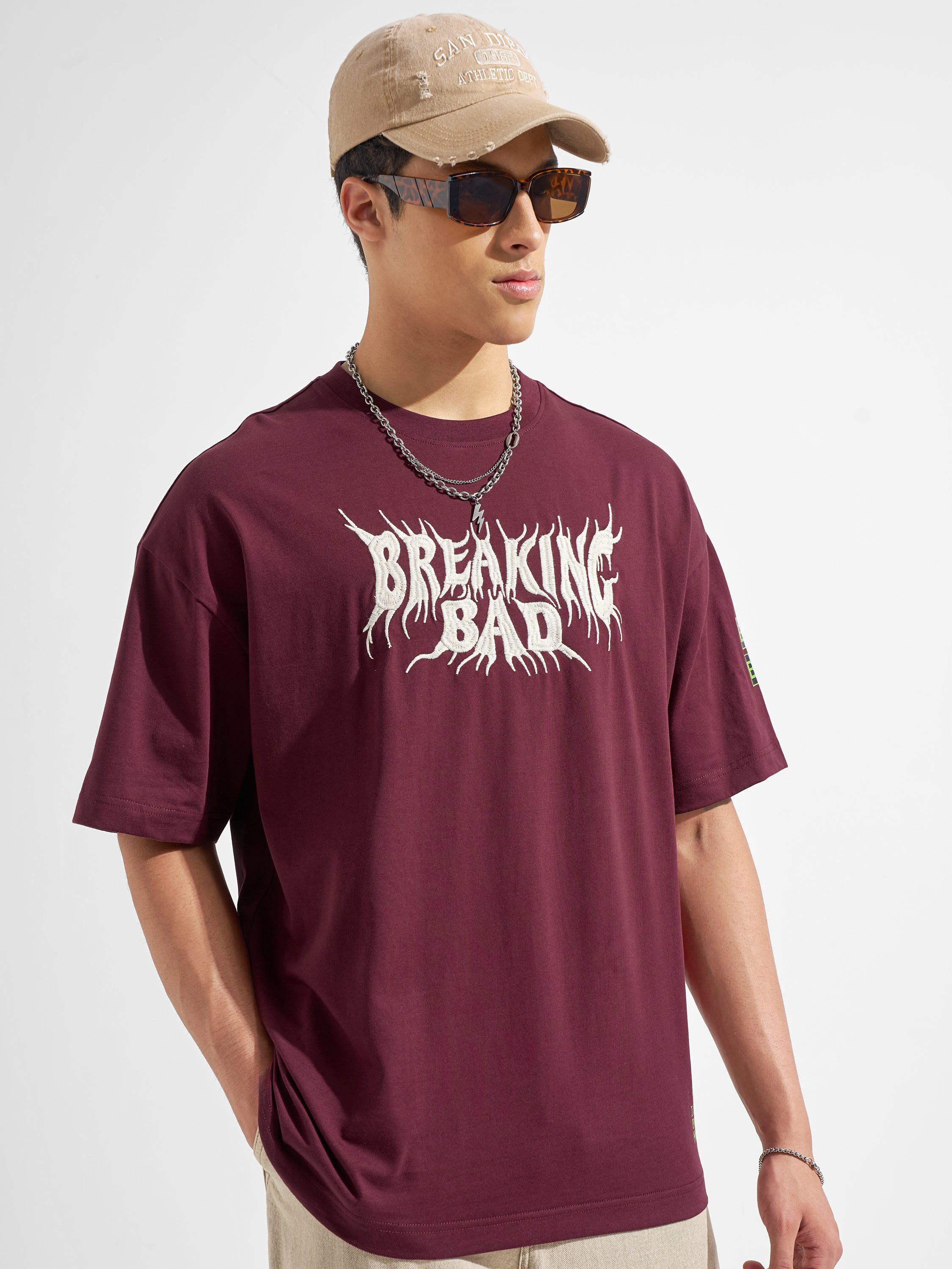 Highlander Men Maroon Breaking Bad Printed Round Neck Oversized Fit T-Shirt