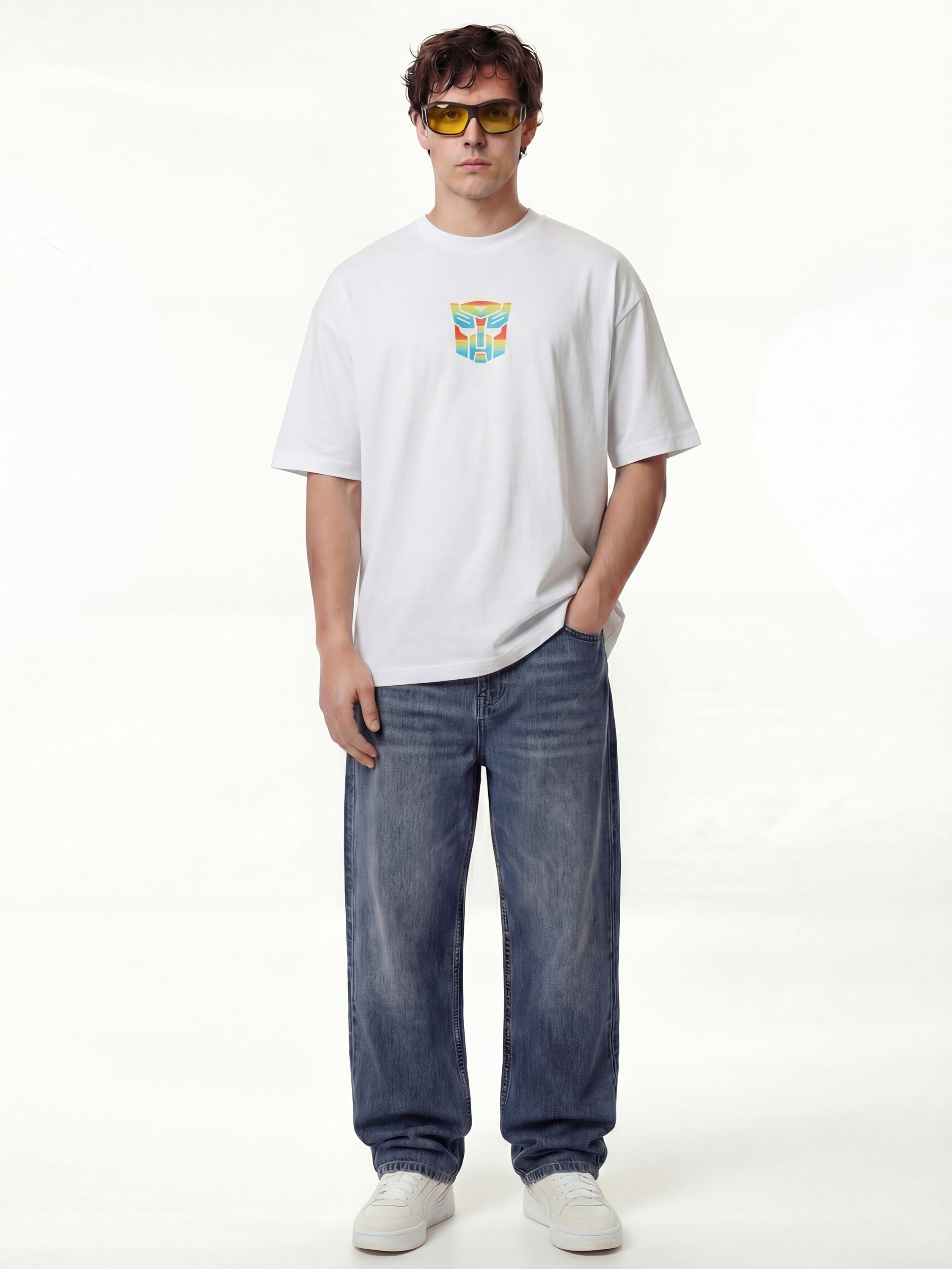 Highlander Men White Optimus Prime Printed Round Neck Oversized Fit T-Shirt - White - Image 4