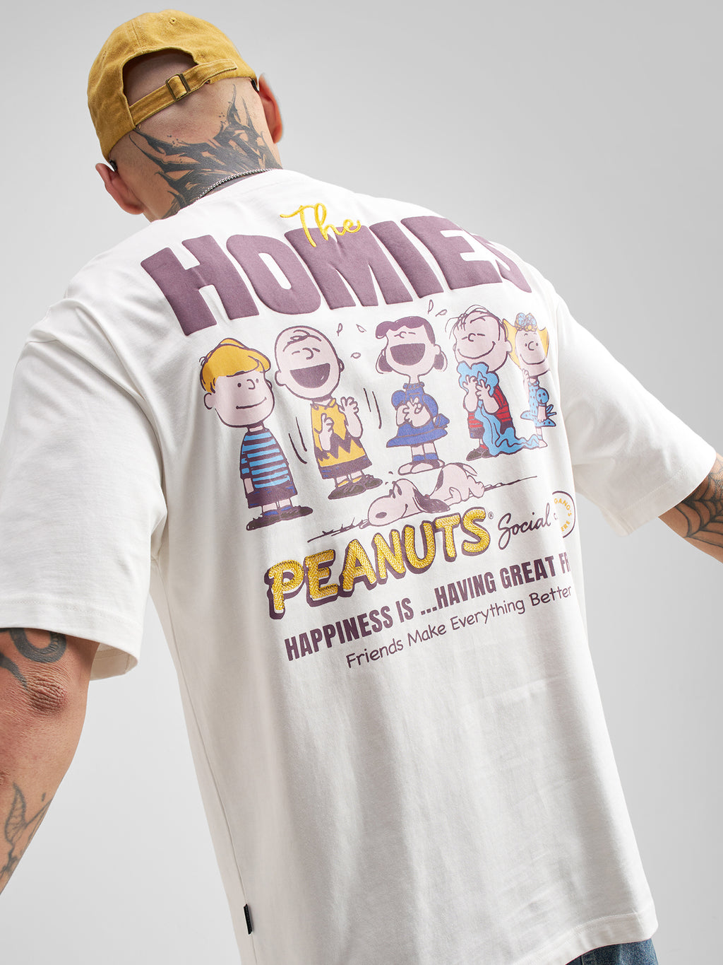 Highlander Men White Peanuts Printed Round Neck Oversized Fit T-Shirt - White - Image 1