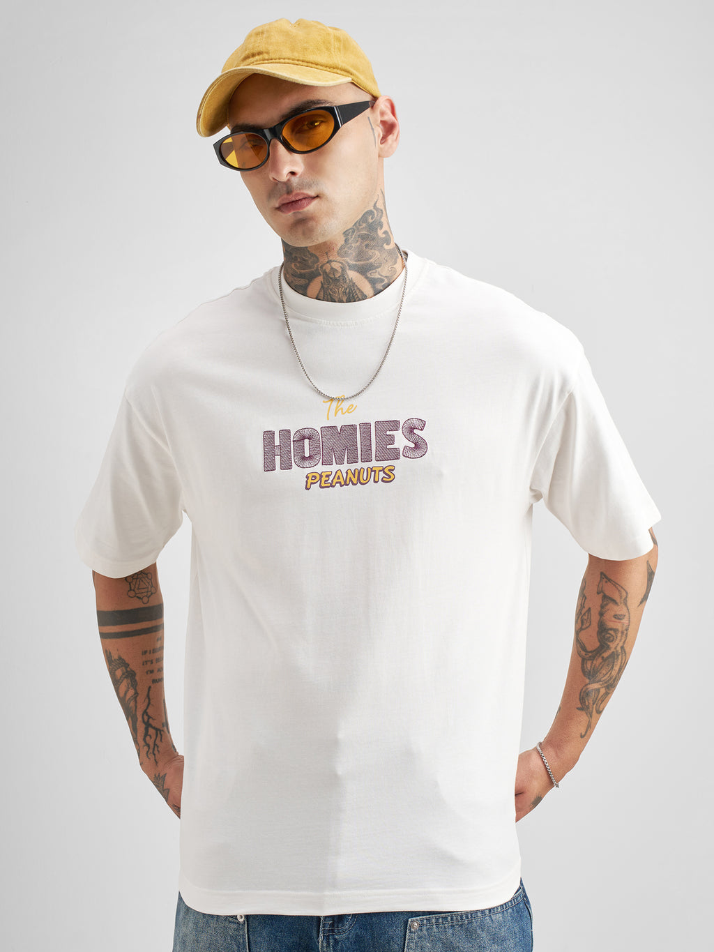 Highlander Men White Peanuts Printed Round Neck Oversized Fit T-Shirt - White - Image 3