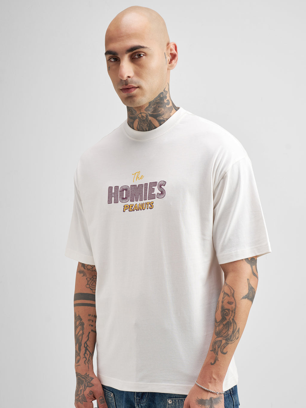 Highlander Men White Peanuts Printed Round Neck Oversized Fit T-Shirt - White - Image 4