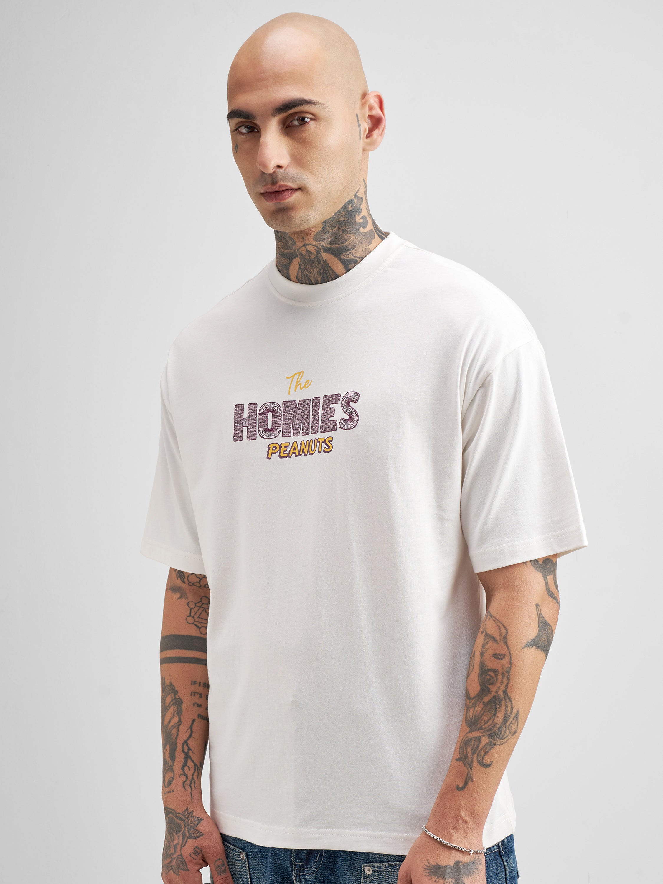 Highlander Men White Peanuts Printed Round Neck Oversized Fit T-Shirt - White - Image 4