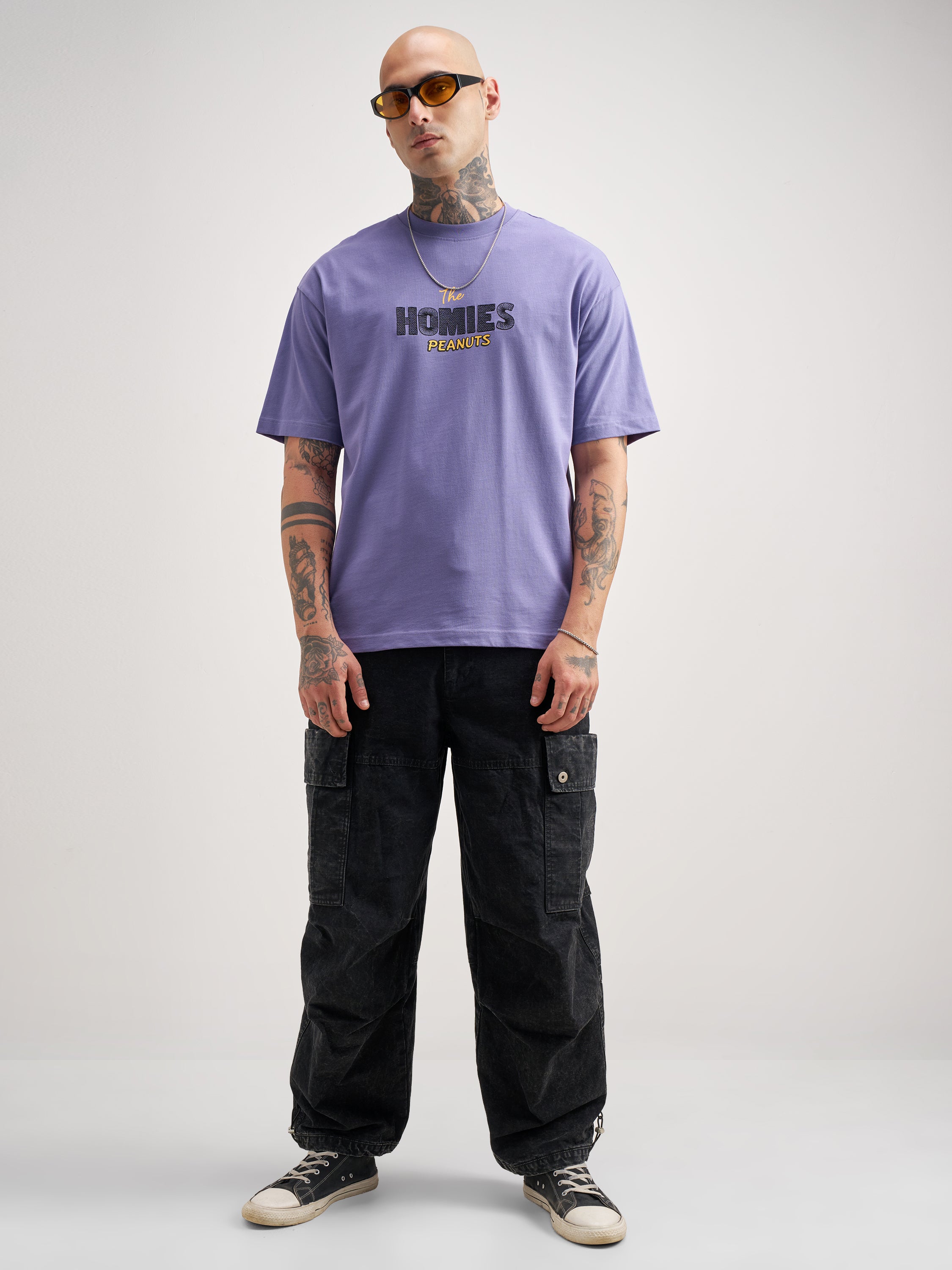Highlander Men Purple Peanuts Printed Round Neck Oversized Fit T-Shirt - Purple - Image 2