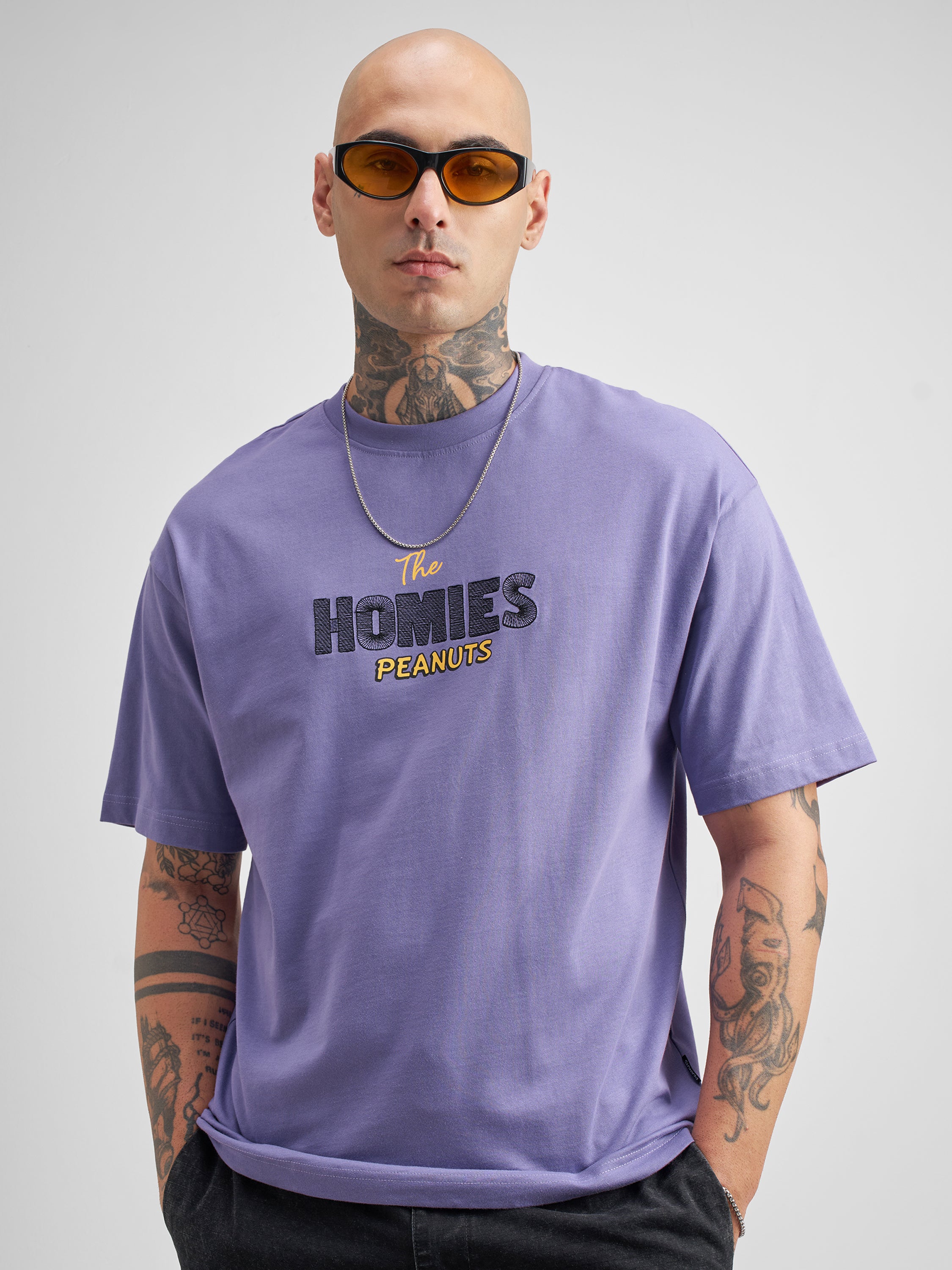 Highlander Men Purple Peanuts Printed Round Neck Oversized Fit T-Shirt - Purple - Image 3