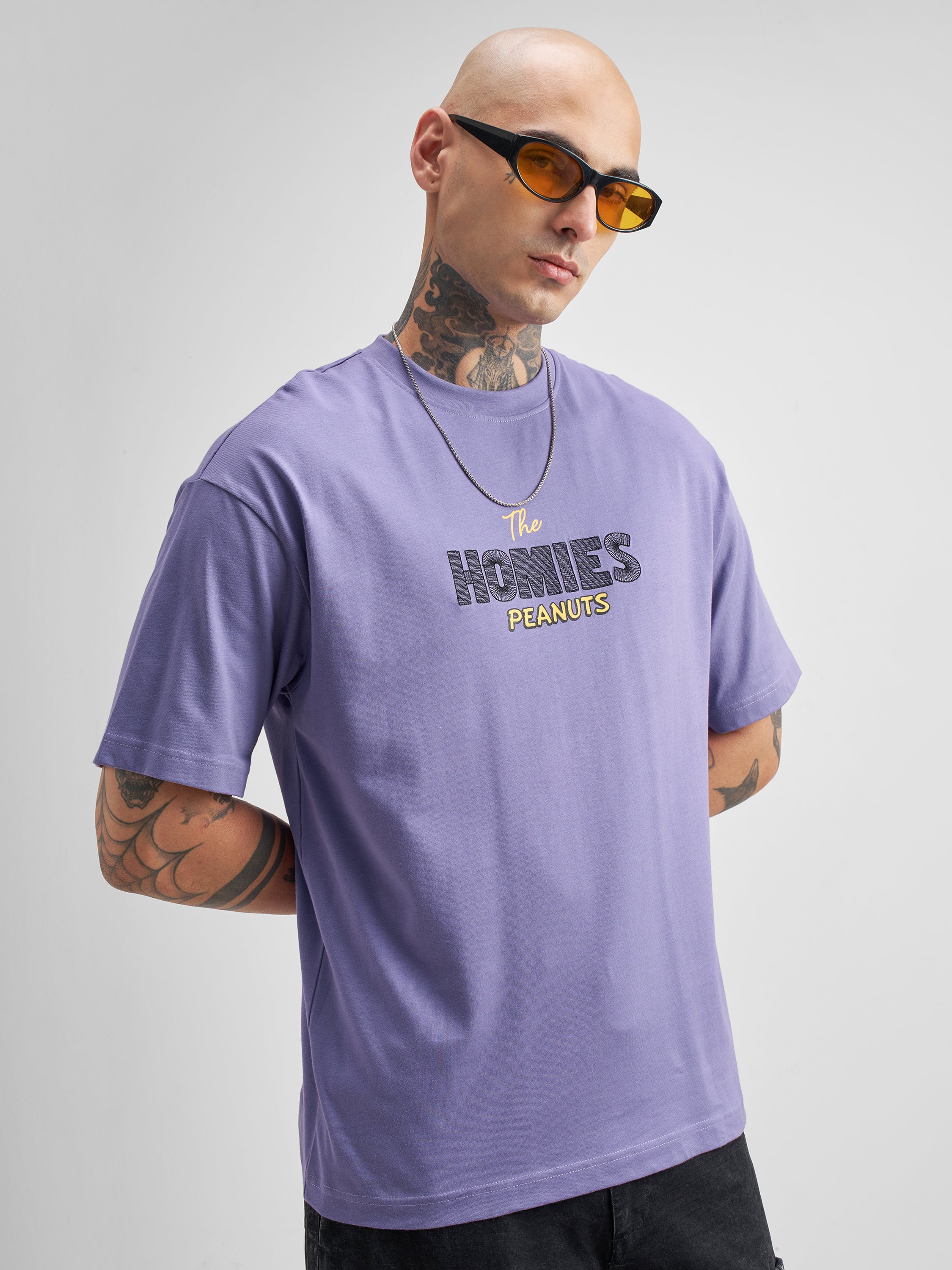 Highlander Men Purple Peanuts Printed Round Neck Oversized Fit T-Shirt - Purple - Image 6