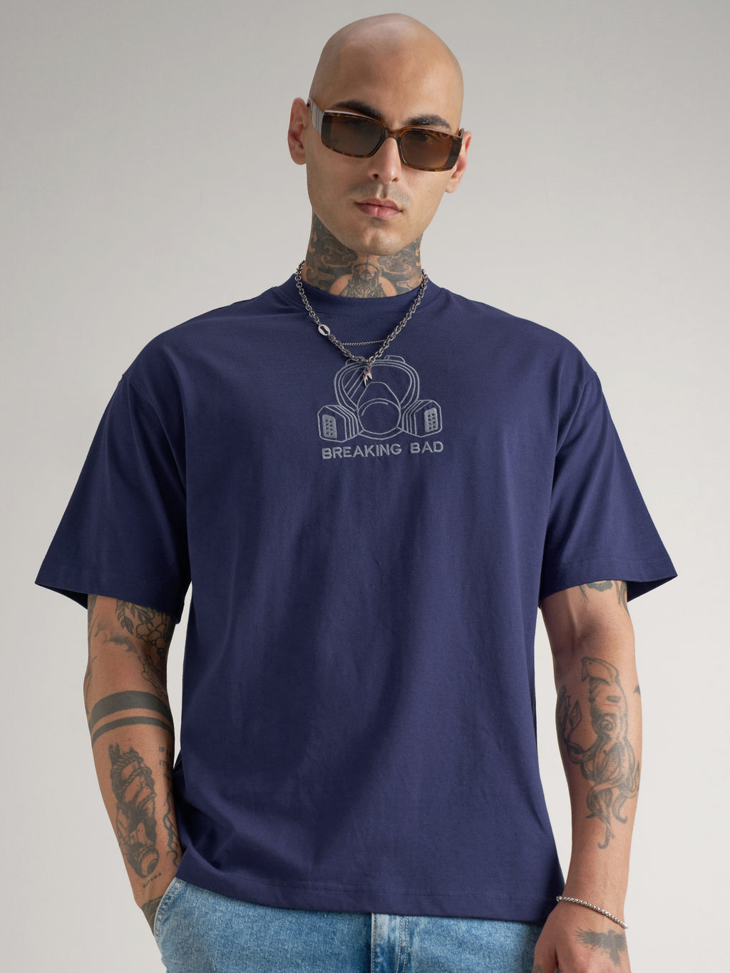 Highlander Men Blue Breaking Bad Embroidered Round Neck Oversized Fit T-Shirt - Blue - Image 3
