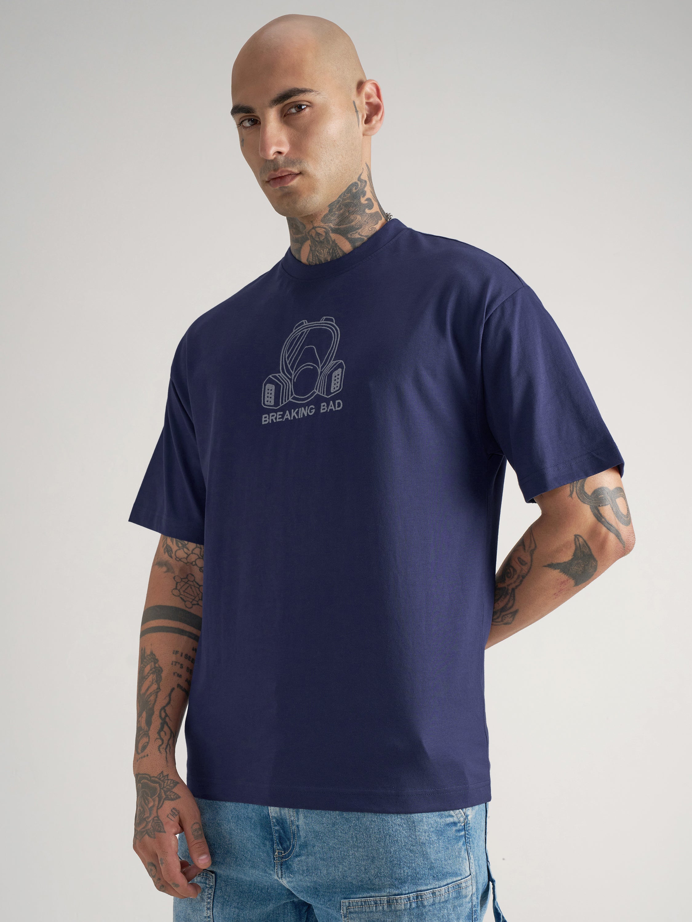 Highlander Men Blue Breaking Bad Embroidered Round Neck Oversized Fit T-Shirt - Blue - Image 4