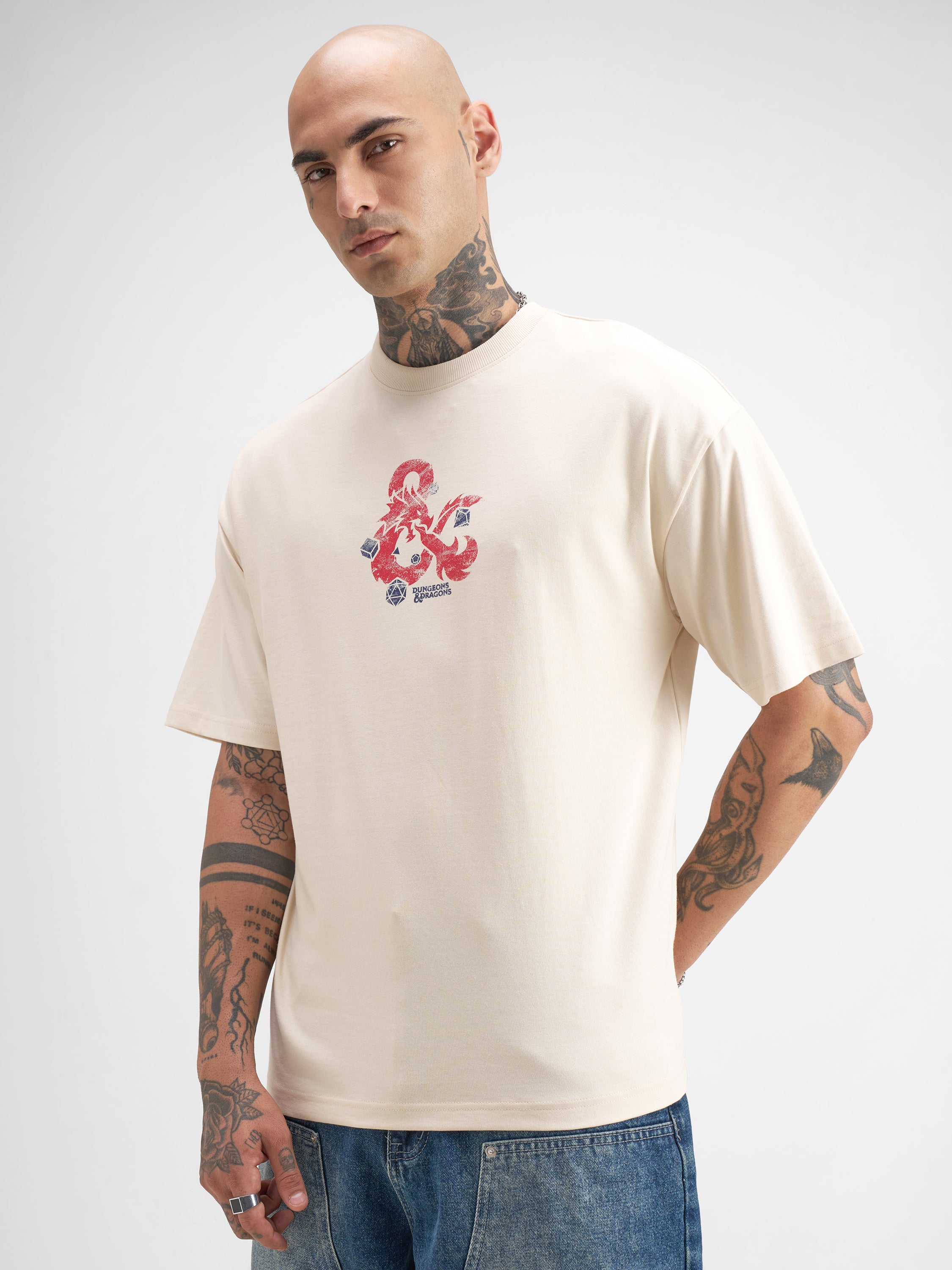 Highlander Men Beige Dungeons & Dragons Printed Round Neck Oversized Fit T-Shirt - Beige - Image 4