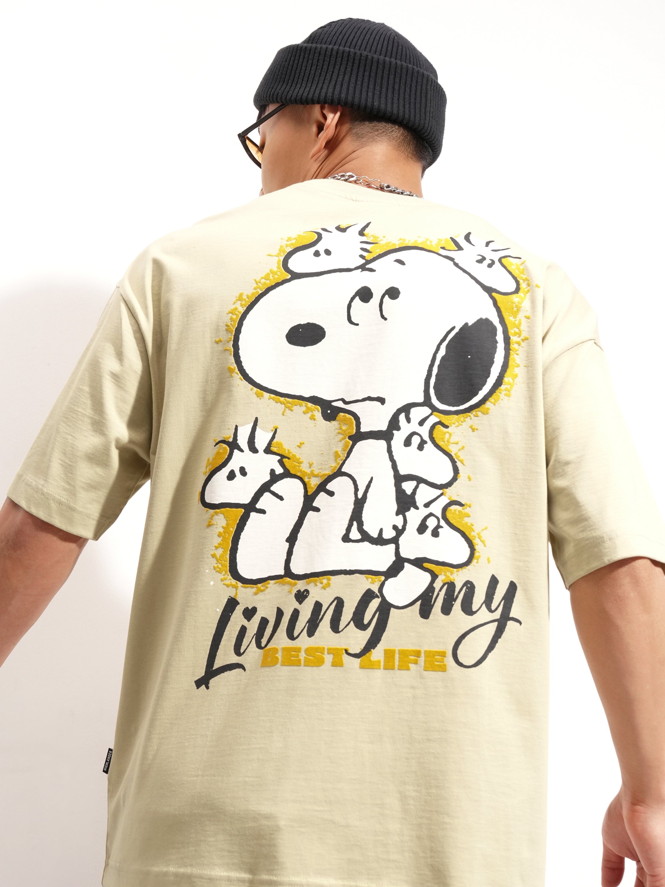 Highlander Men Beige Peanuts Printed Round Neck Oversized Fit T-Shirt - Beige - Image 1