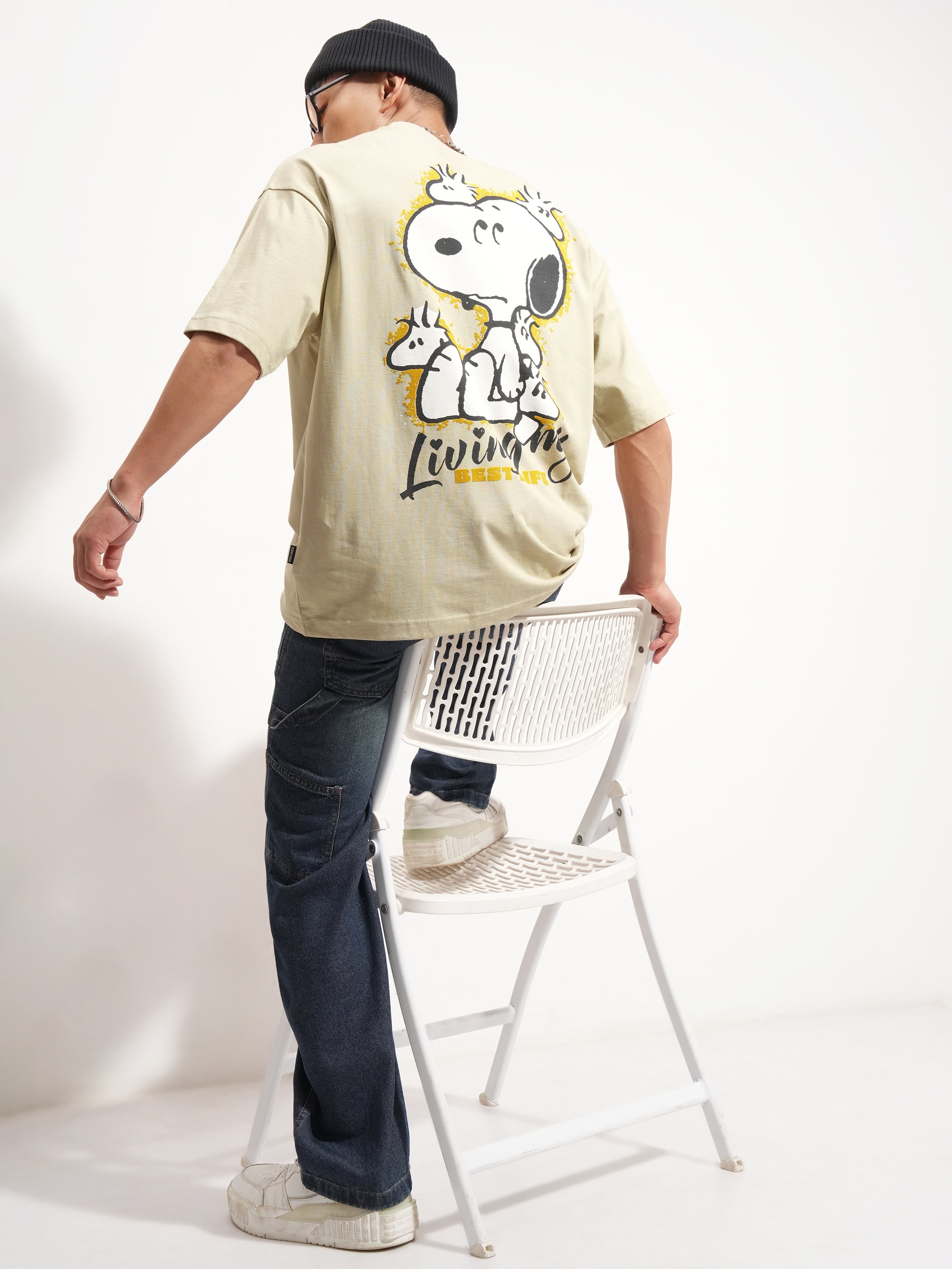 Highlander Men Beige Peanuts Printed Round Neck Oversized Fit T-Shirt - Beige - Image 2