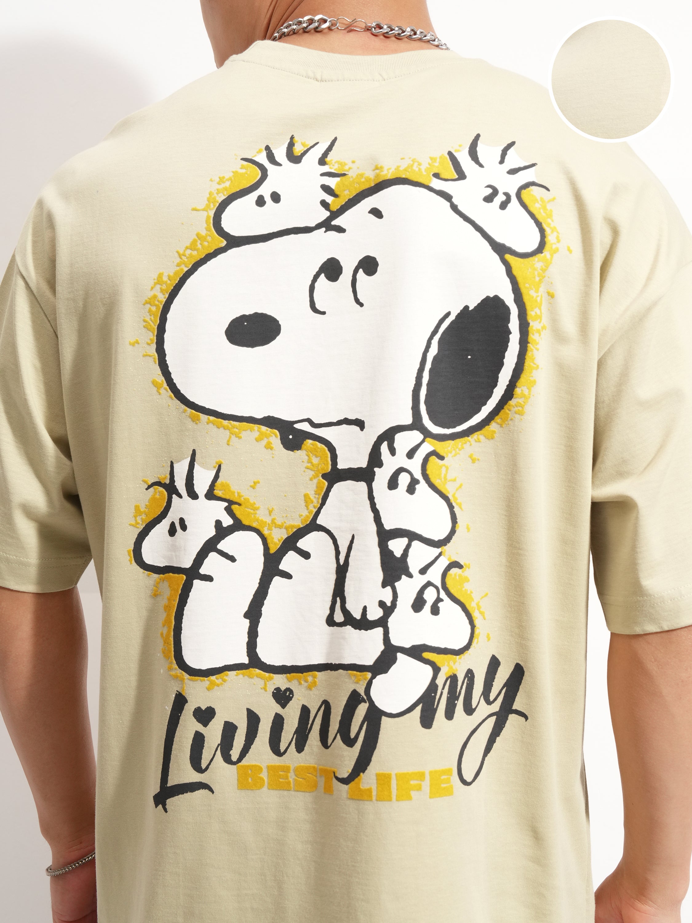 Highlander Men Beige Peanuts Printed Round Neck Oversized Fit T-Shirt - Beige - Image 5