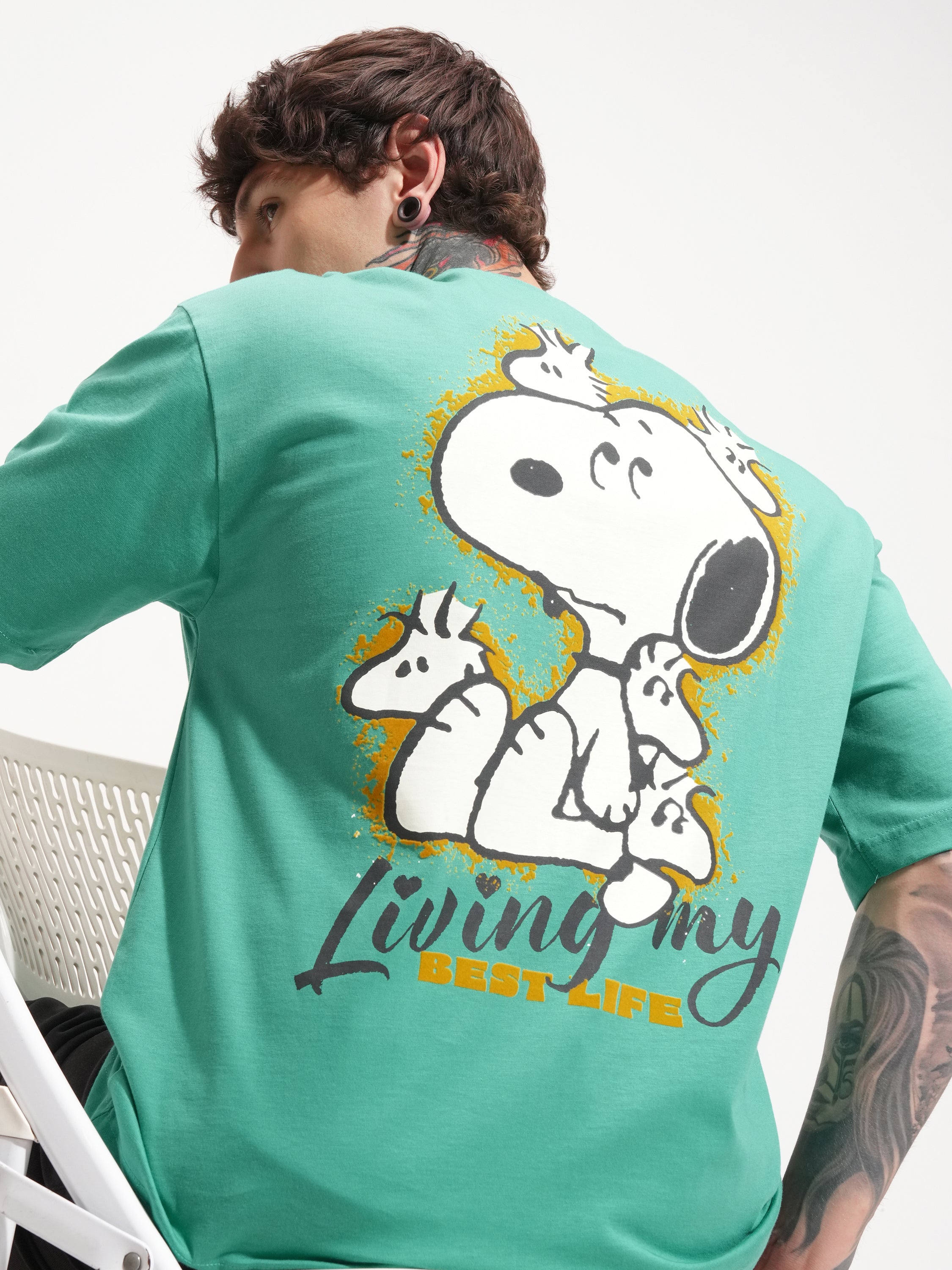 Highlander Men Green Peanuts Printed Round Neck Oversized Fit T-Shirt - Green - Image 1