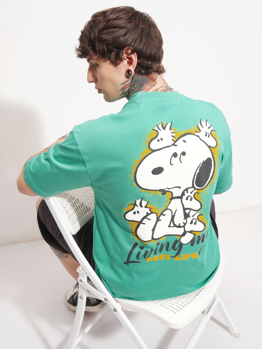 Highlander Men Green Peanuts Printed Round Neck Oversized Fit T-Shirt - Green - Image 2