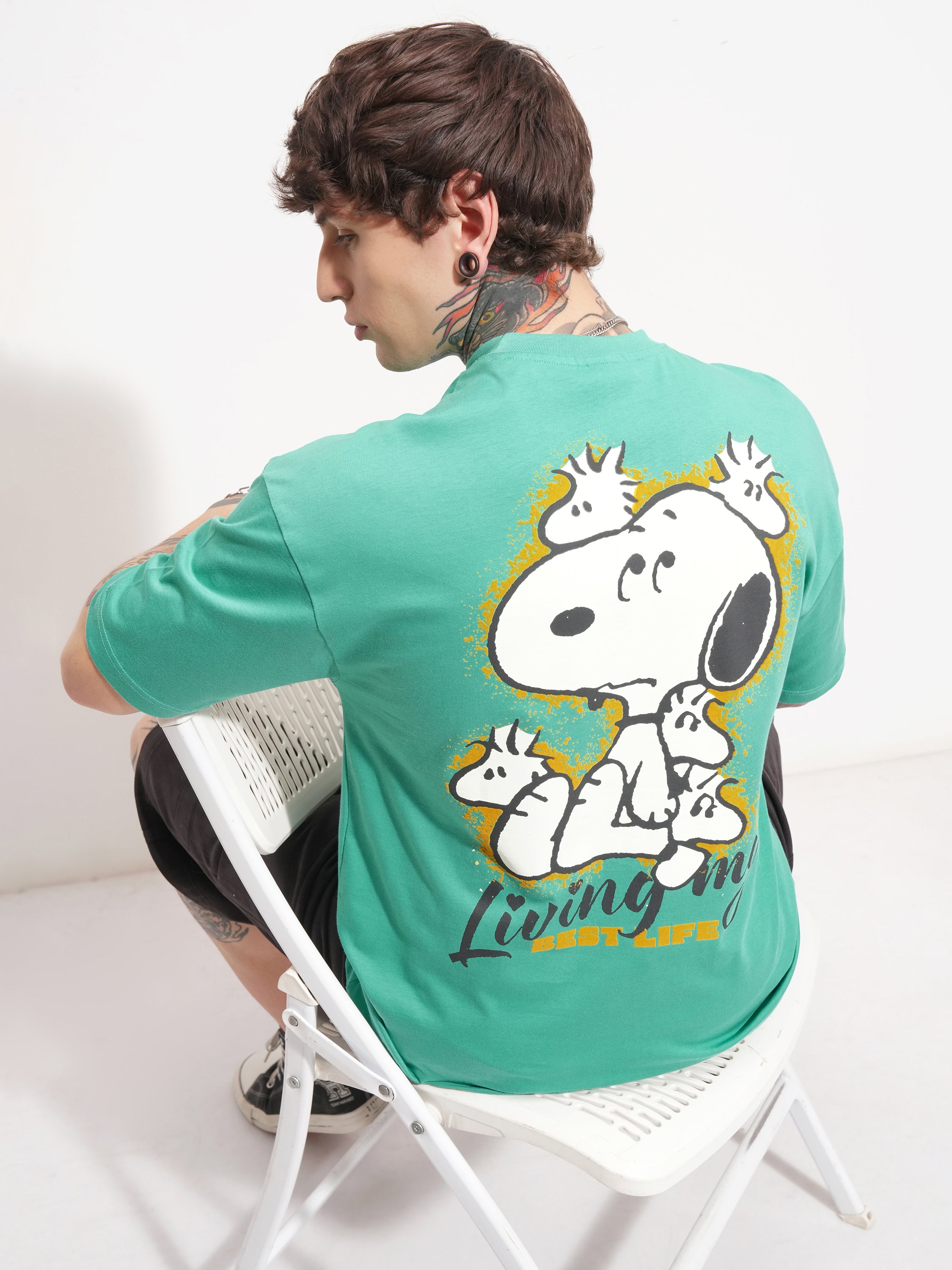 Highlander Men Green Peanuts Printed Round Neck Oversized Fit T-Shirt - Green - Image 2