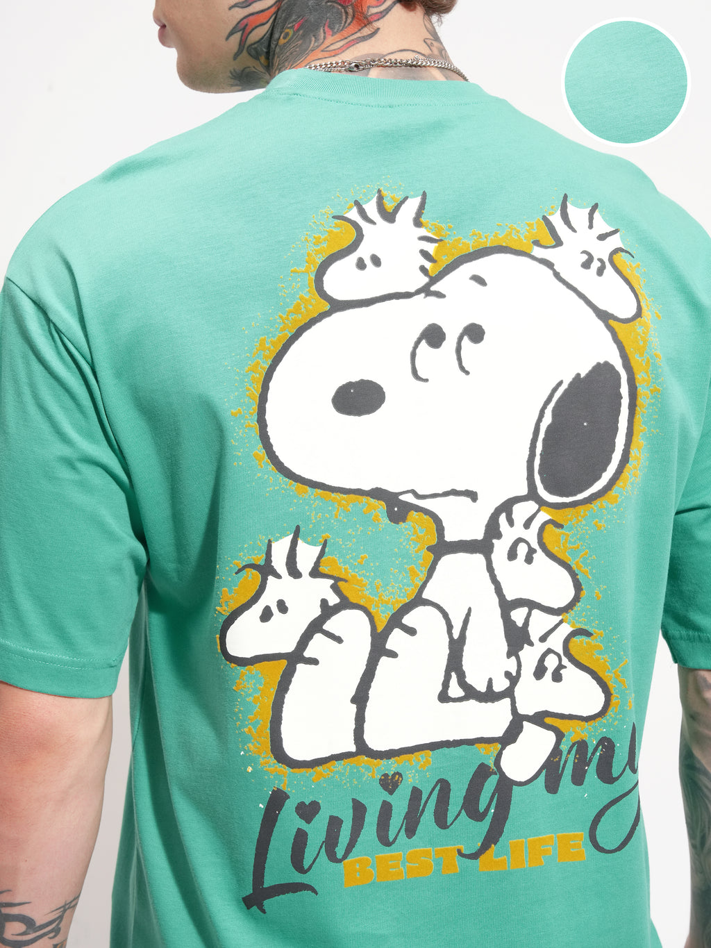Highlander Men Green Peanuts Printed Round Neck Oversized Fit T-Shirt - Green - Image 5