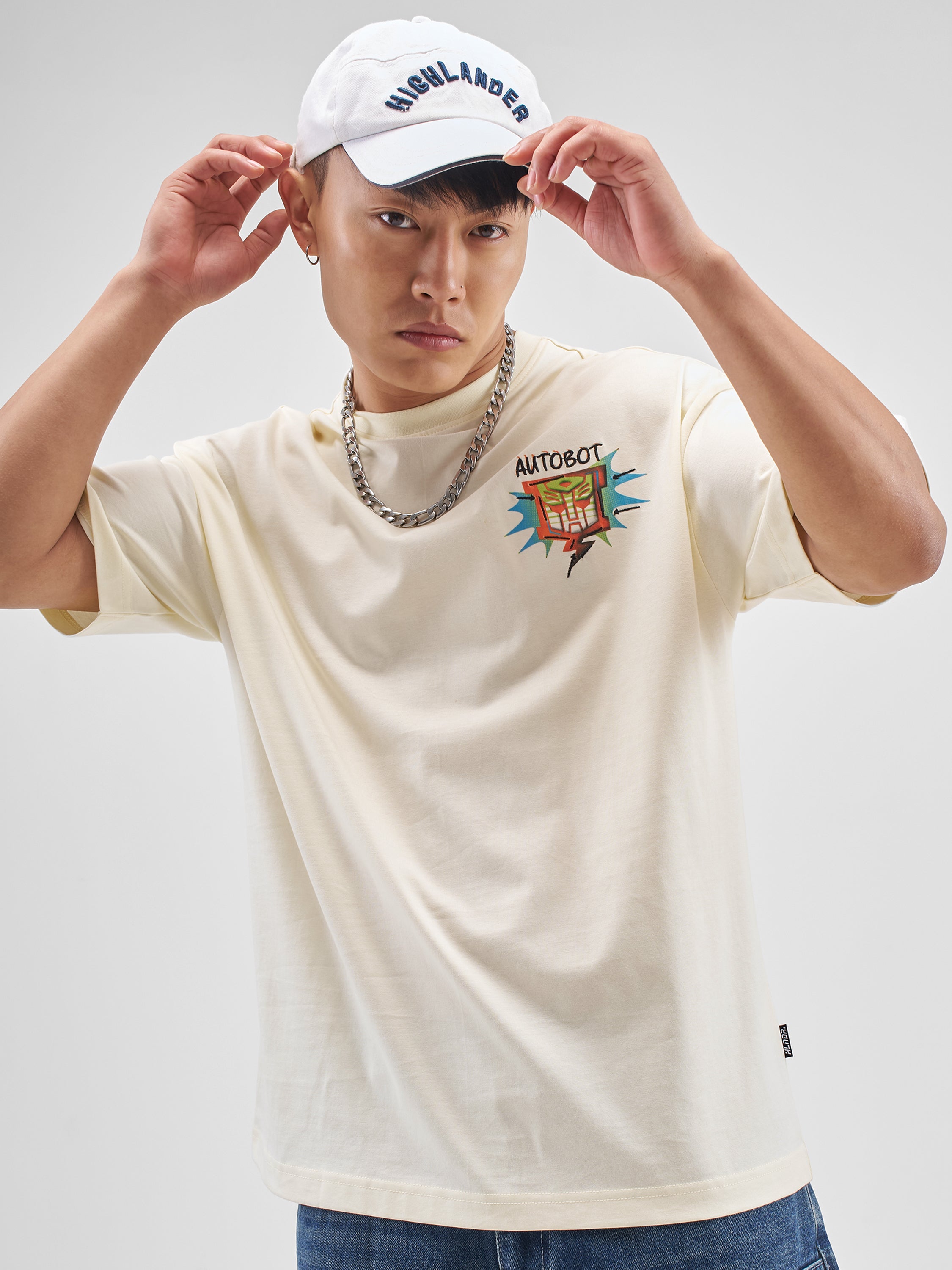 Highlander Men Off White Transformers Printed Round Neck Oversized Fit T-Shirt - Off White - Image 3
