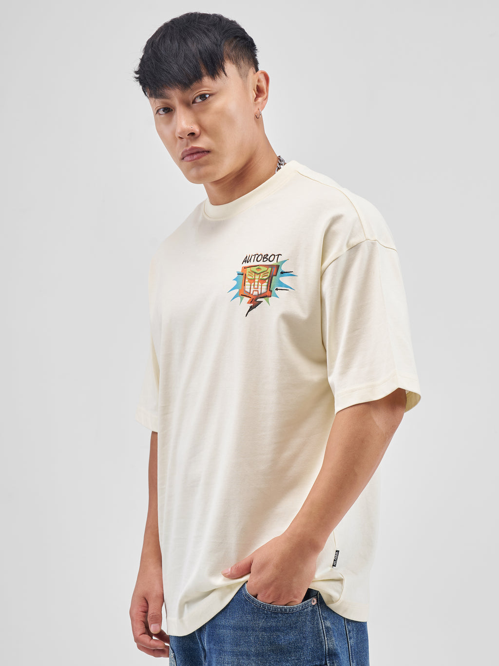 Highlander Men Off White Transformers Printed Round Neck Oversized Fit T-Shirt - Off White - Image 4