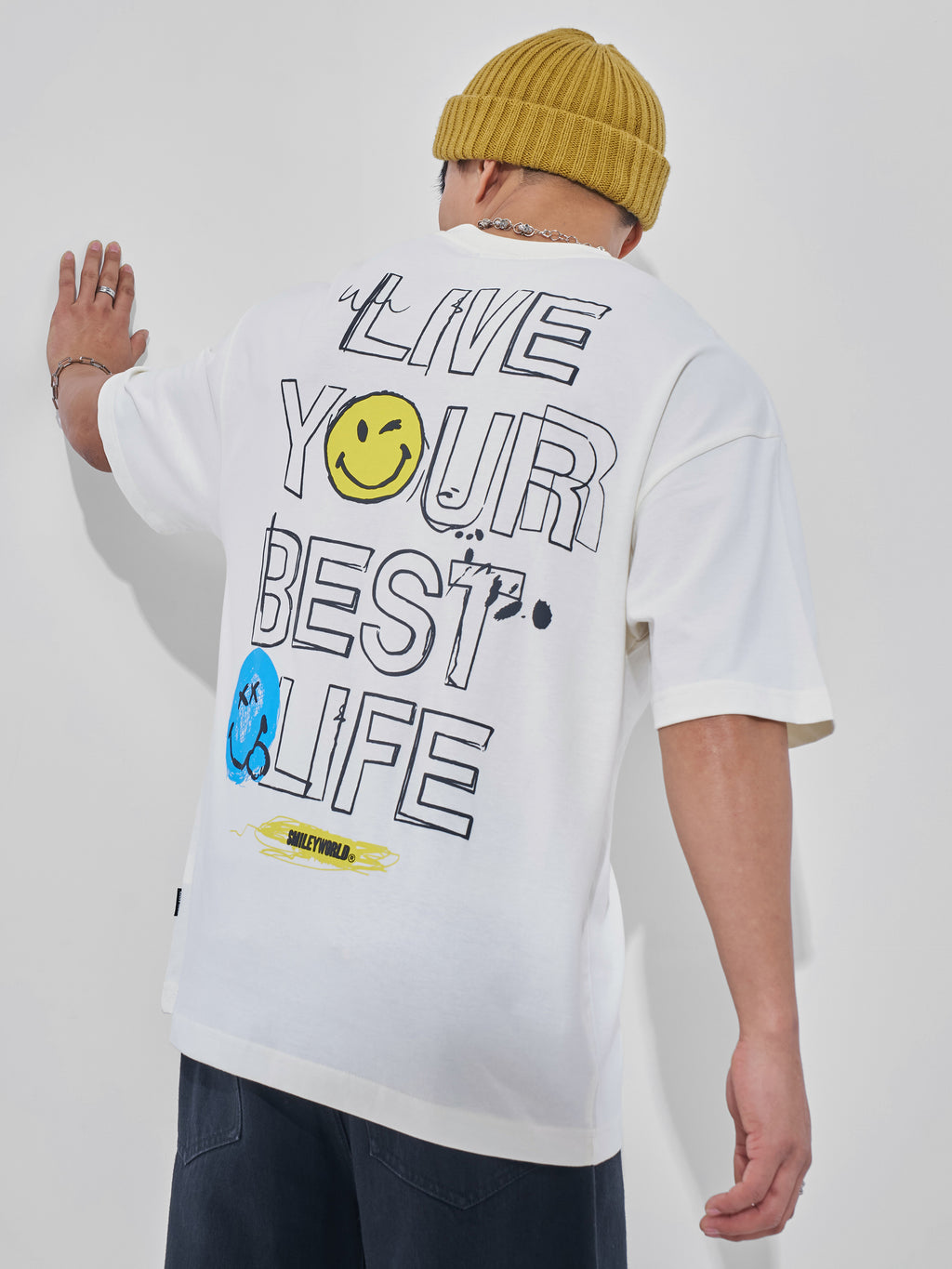 Highlander Men Off White Smiley Printed Round Neck Oversized Fit T-Shirt - Off White - Image 1