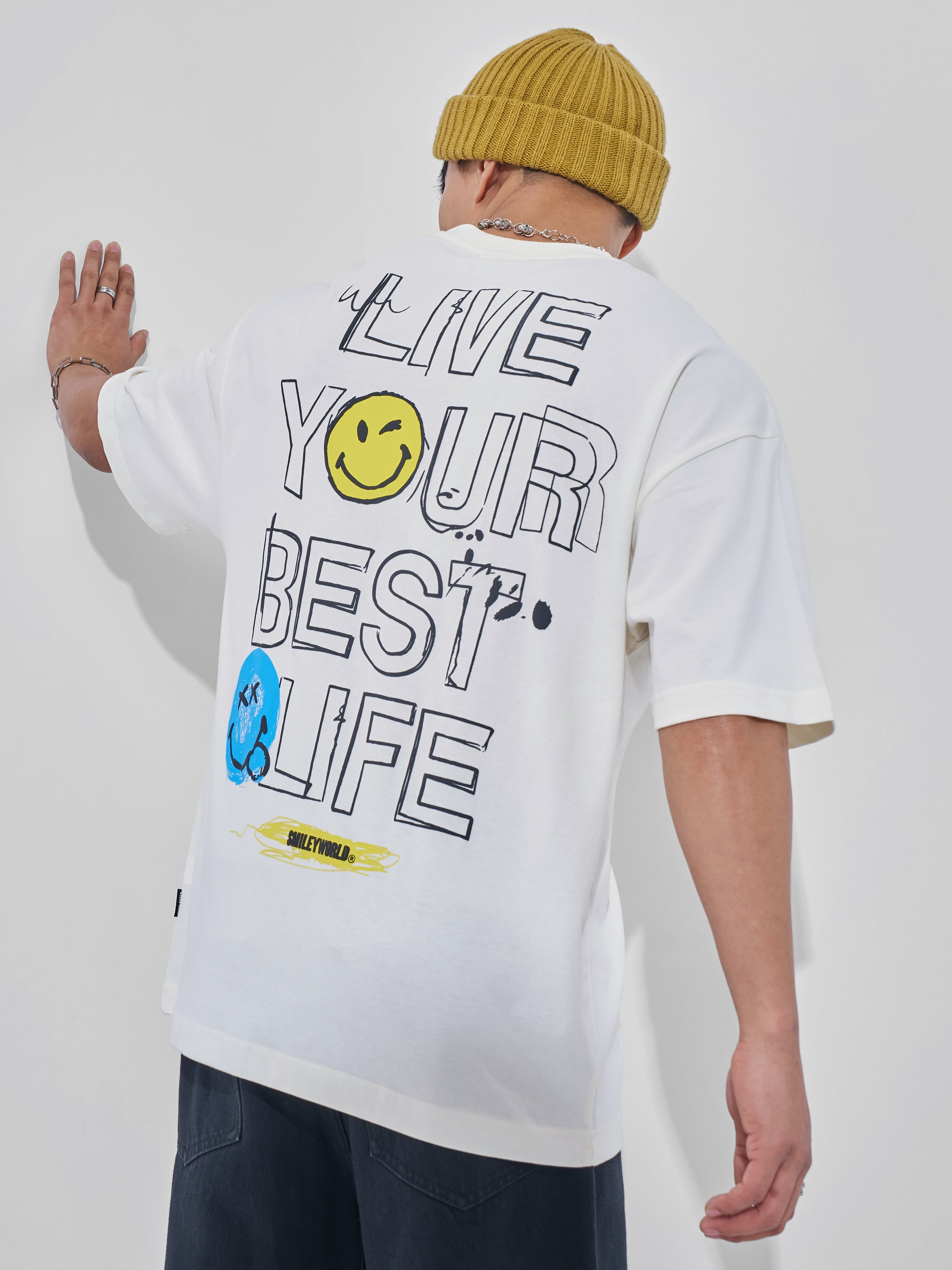 Highlander Men Off White Smiley Printed Round Neck Oversized Fit T-Shirt - Off White - Image 1