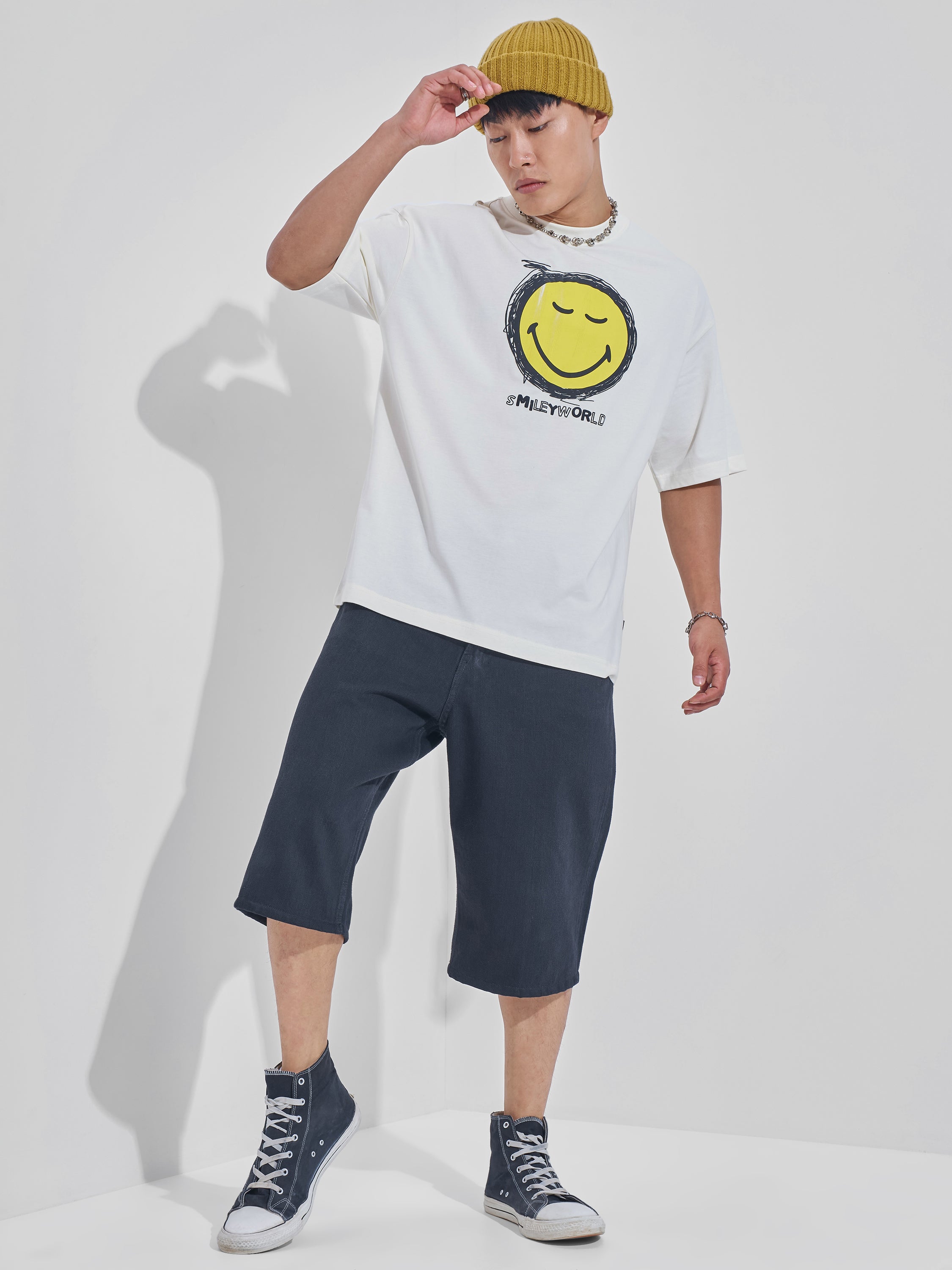 Highlander Men Off White Smiley Printed Round Neck Oversized Fit T-Shirt - Off White - Image 2