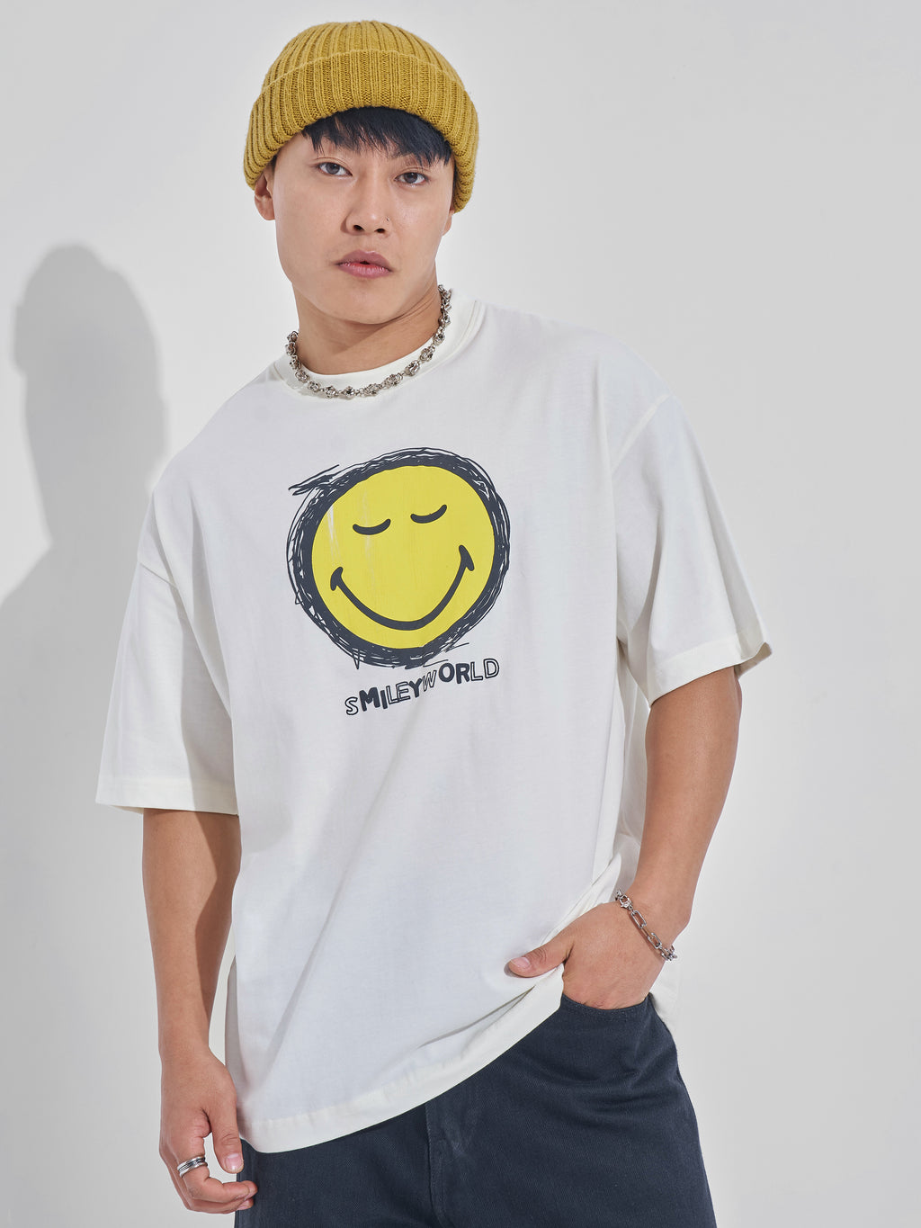 Highlander Men Off White Smiley Printed Round Neck Oversized Fit T-Shirt - Off White - Image 3