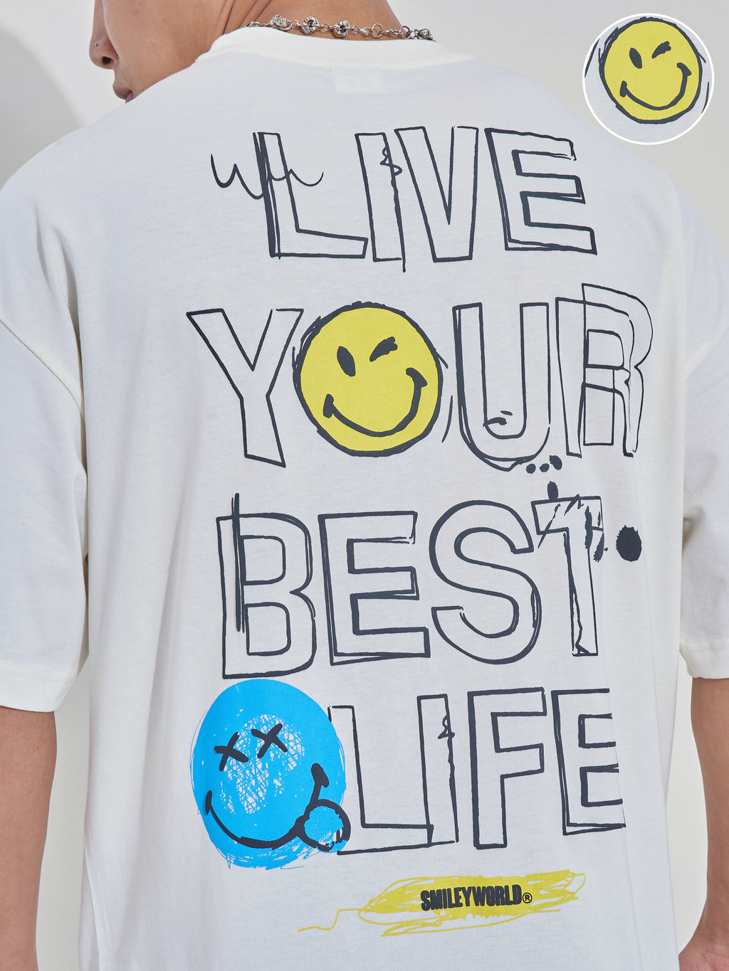 Highlander Men Off White Smiley Printed Round Neck Oversized Fit T-Shirt - Off White - Image 5