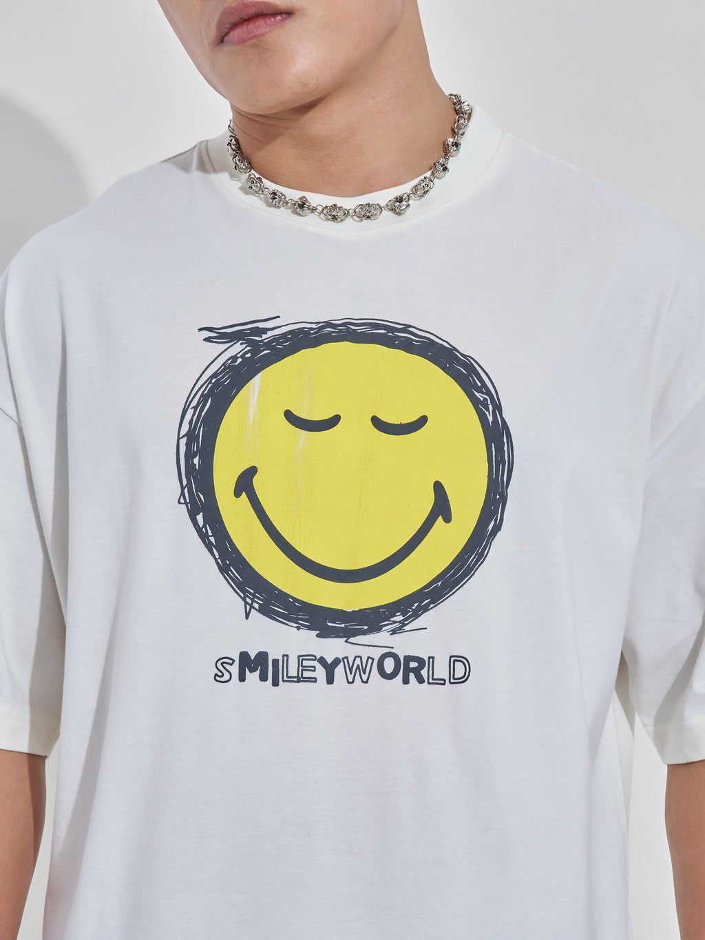 Highlander Men Off White Smiley Printed Round Neck Oversized Fit T-Shirt - Off White - Image 7