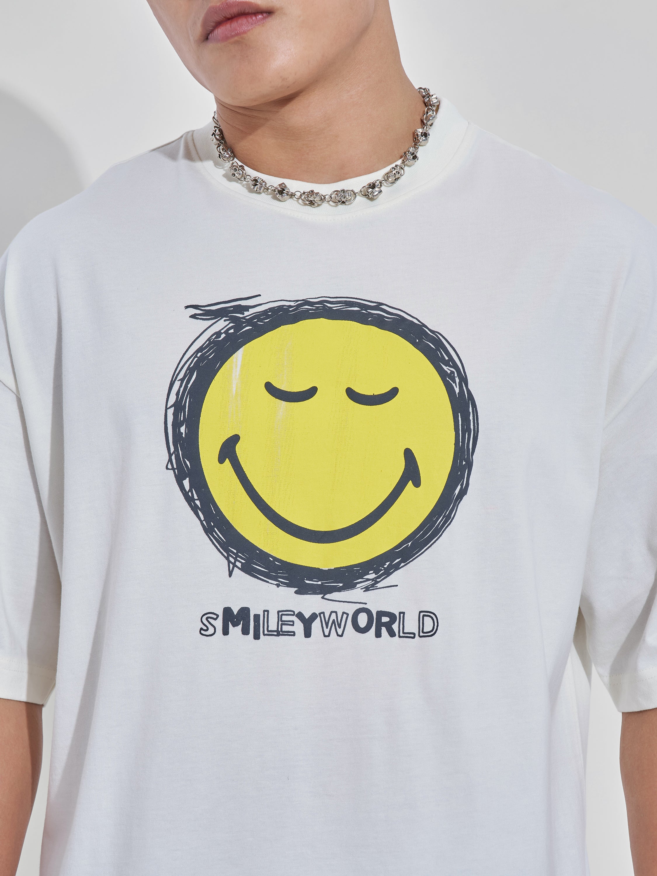 Highlander Men Off White Smiley Printed Round Neck Oversized Fit T-Shirt - Off White - Image 7