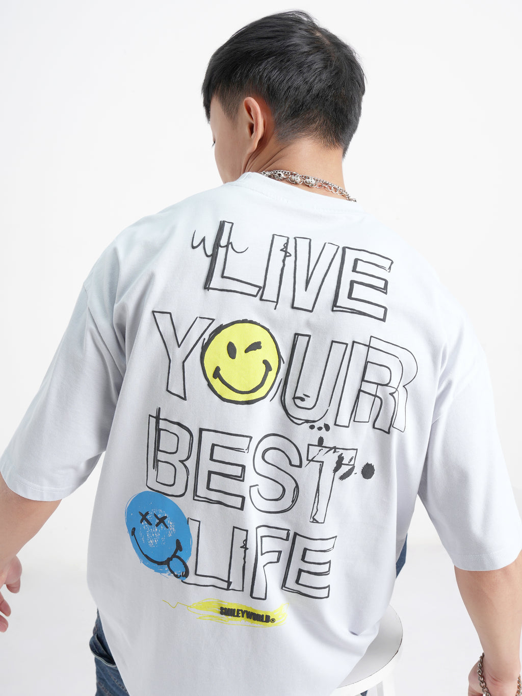 Highlander Men Grey SmileyWorldÂ® Printed Round Neck Oversized Fit T-Shirt - Grey - Image 1
