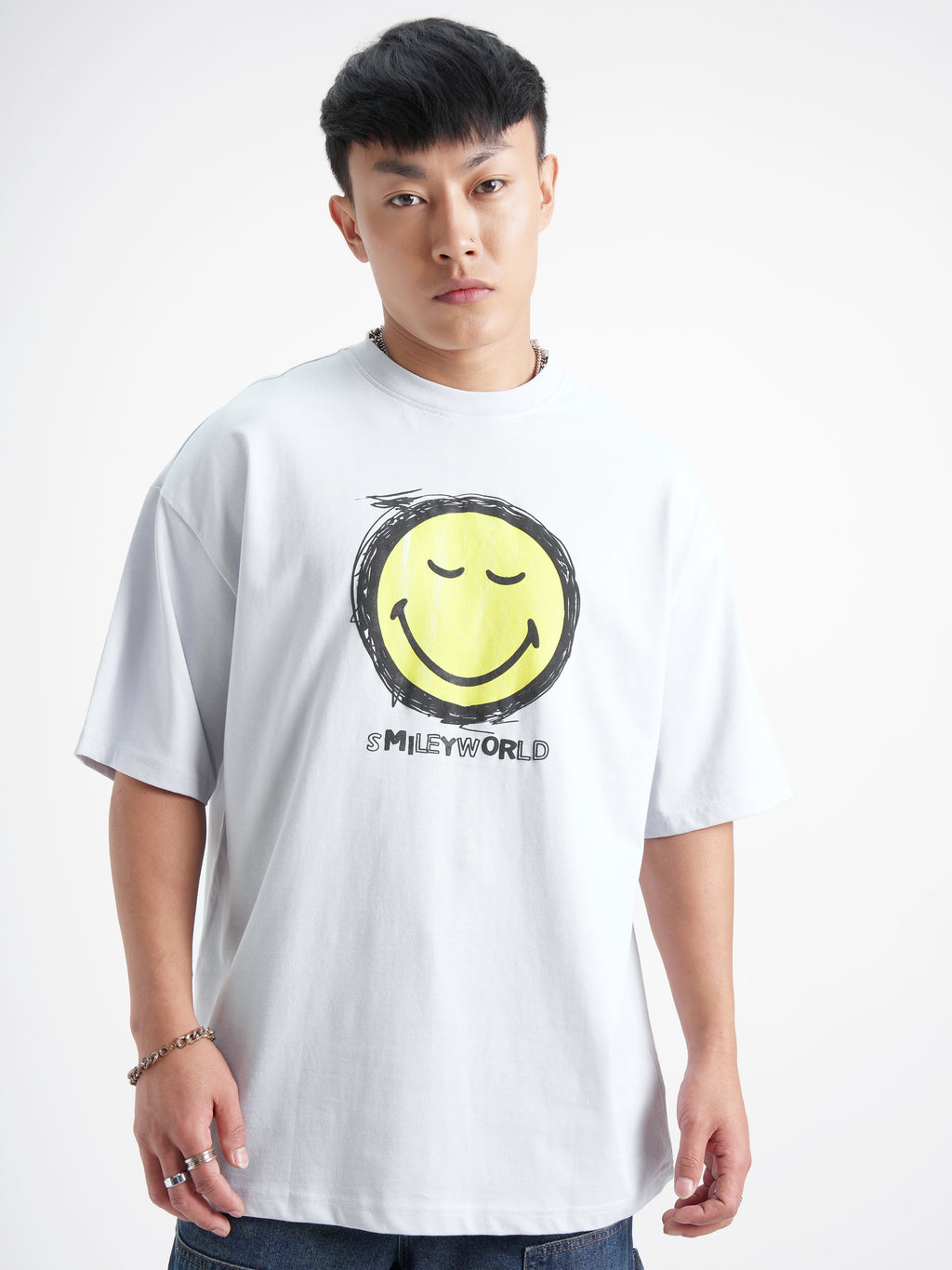 Highlander Men Grey SmileyWorldÂ® Printed Round Neck Oversized Fit T-Shirt - Grey - Image 3