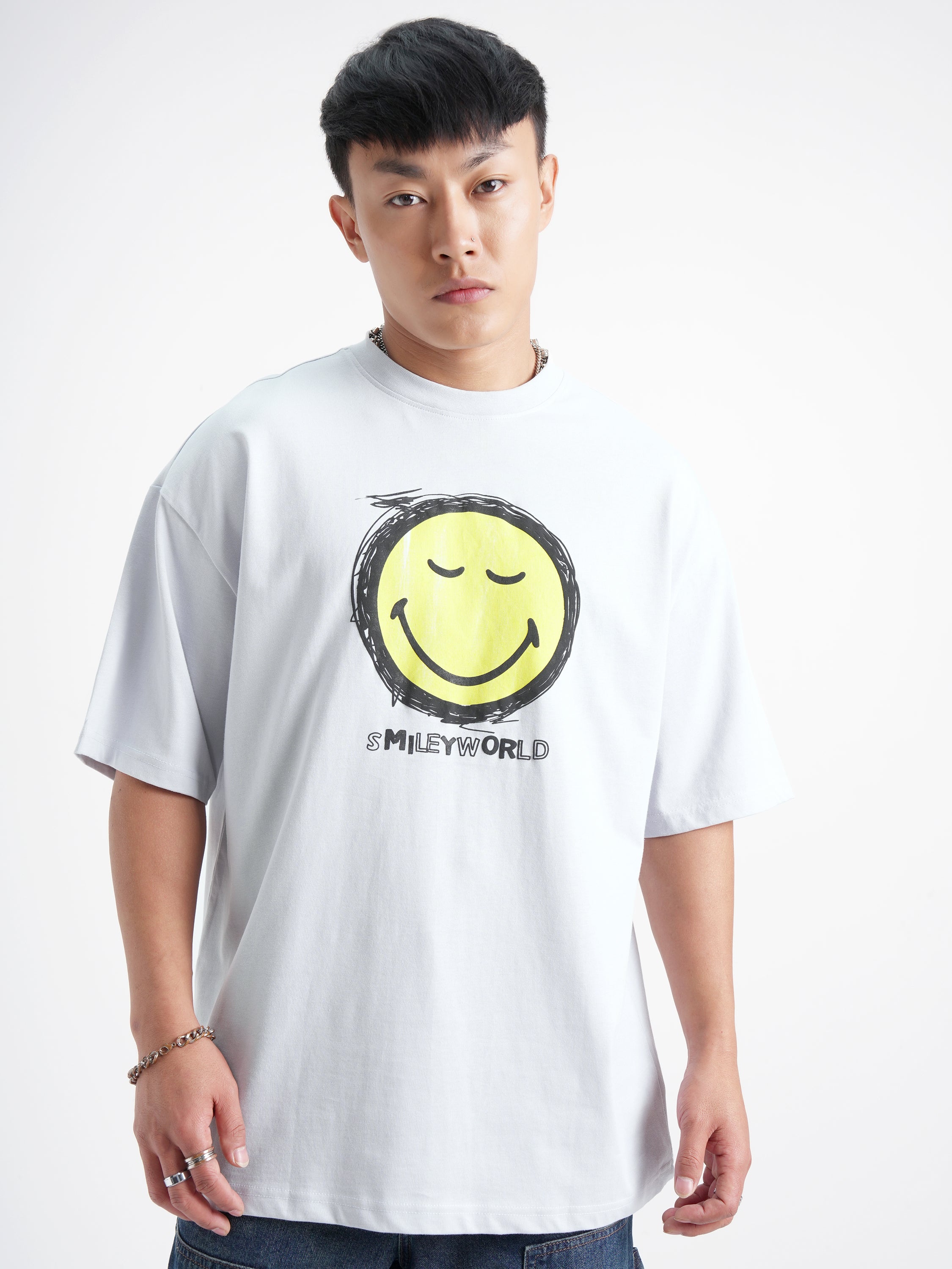 Highlander Men Grey SmileyWorldÂ® Printed Round Neck Oversized Fit T-Shirt - Grey - Image 3