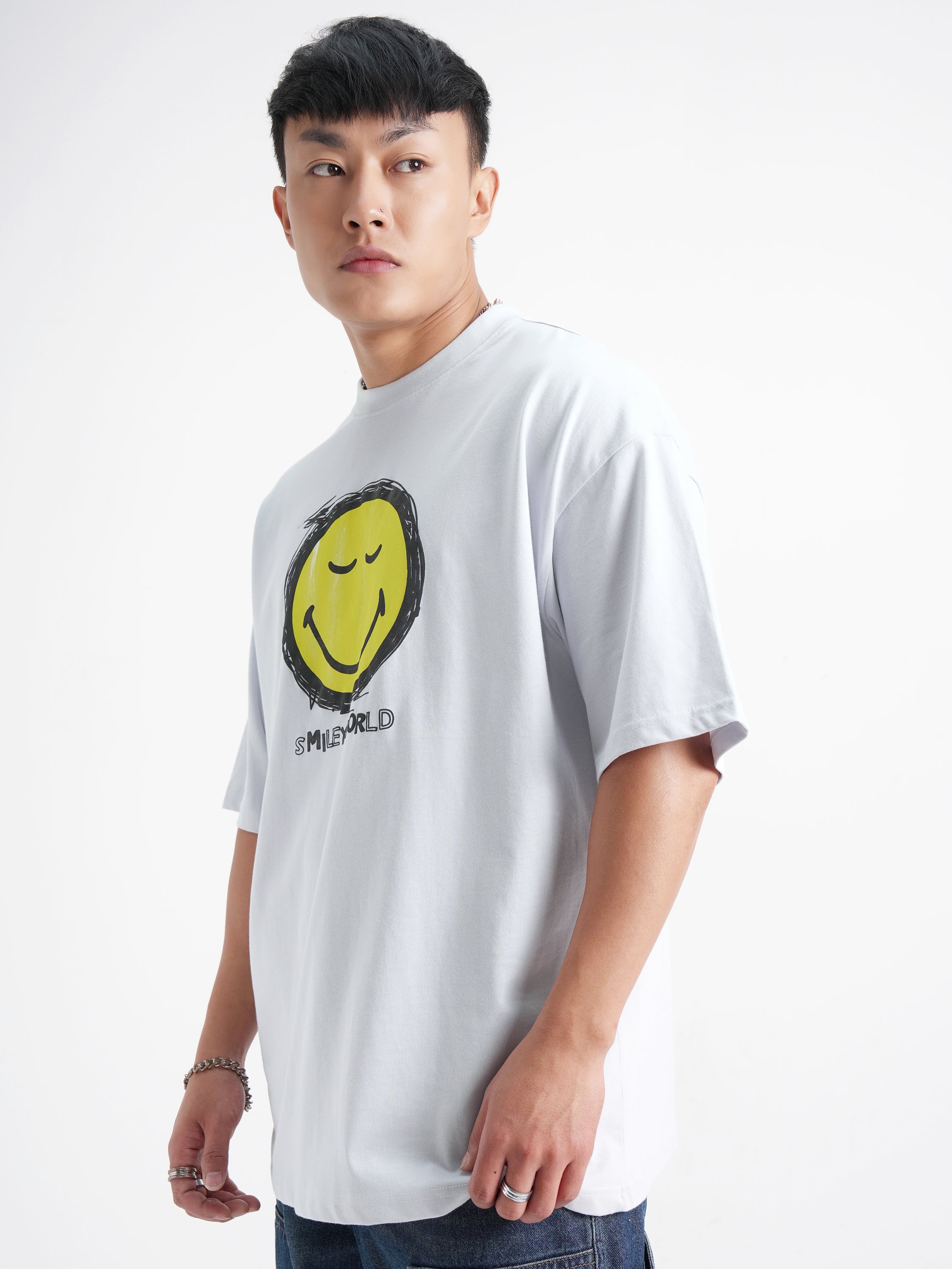 Highlander Men Grey SmileyWorldÂ® Printed Round Neck Oversized Fit T-Shirt - Grey - Image 4