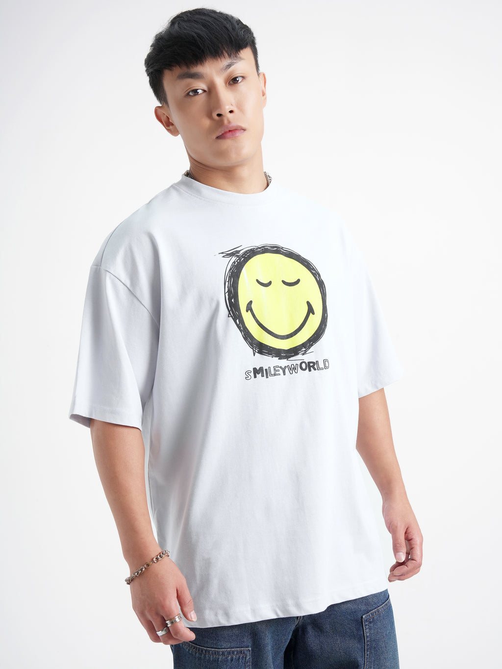 Highlander Men Grey SmileyWorldÂ® Printed Round Neck Oversized Fit T-Shirt - Grey - Image 6