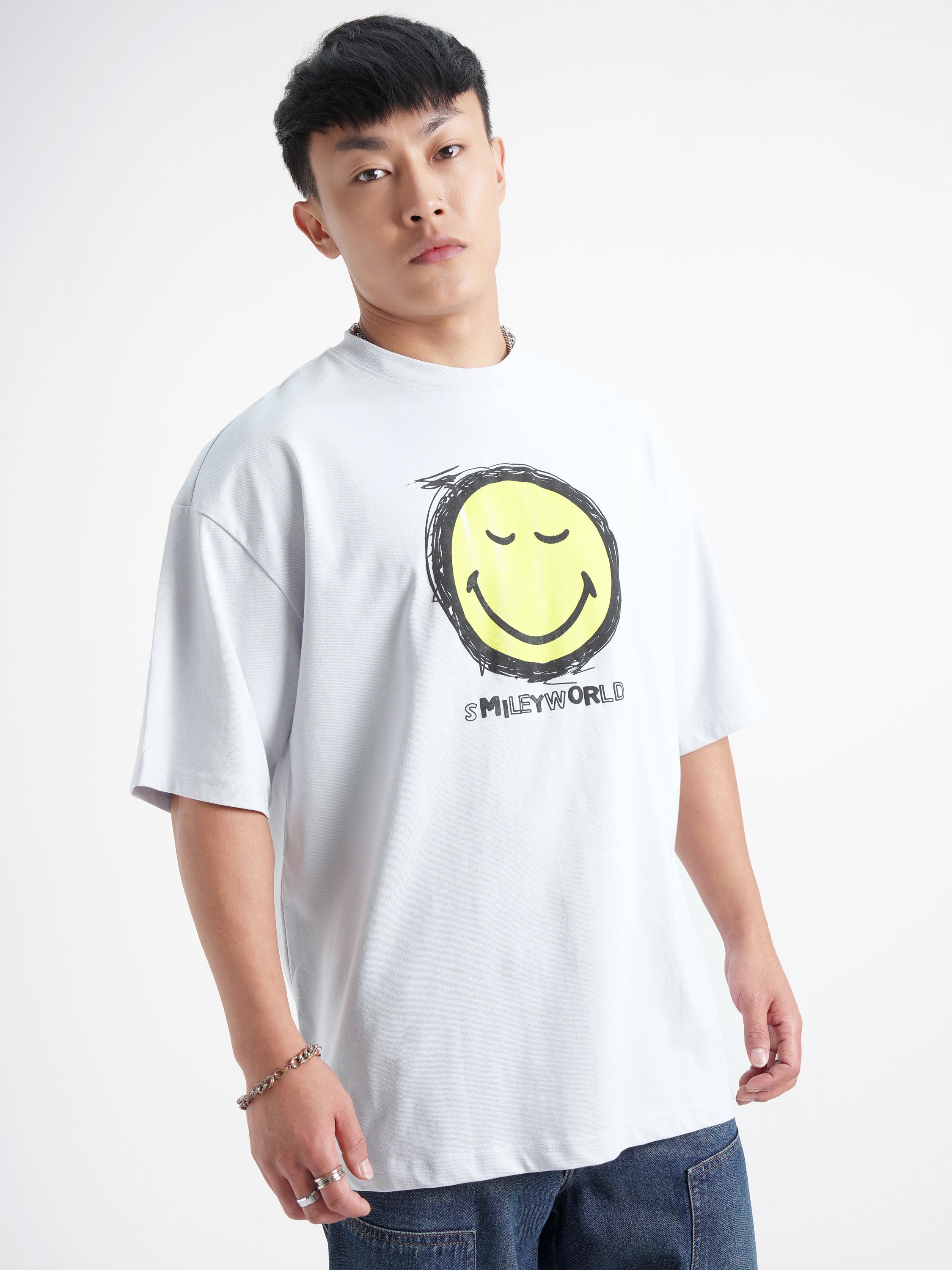 Highlander Men Grey SmileyWorldÂ® Printed Round Neck Oversized Fit T-Shirt - Grey - Image 6