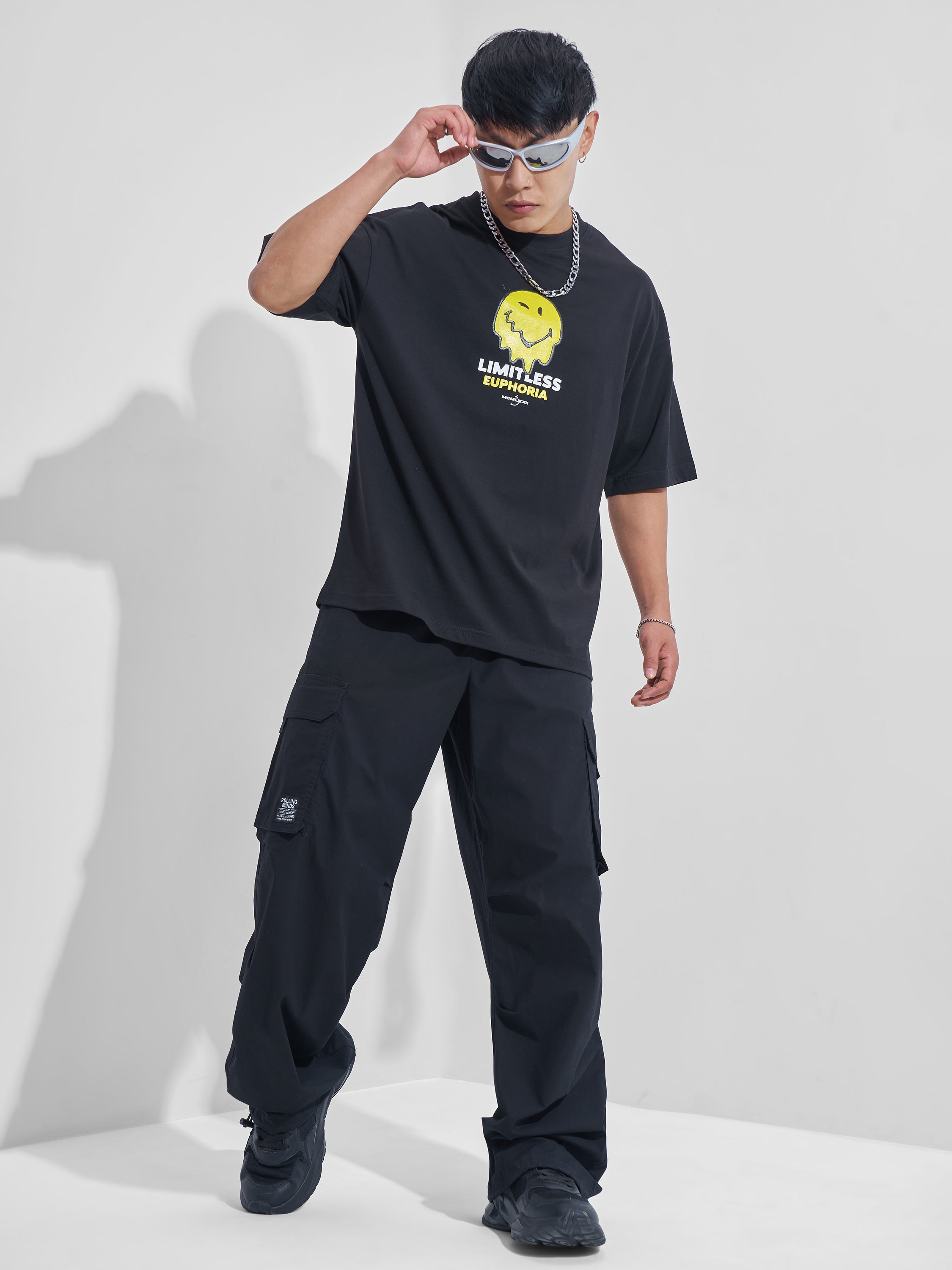 Highlander Men Black SmileyWorld® Printed Round Neck Oversized Fit T-Shirt - Black - Image 2