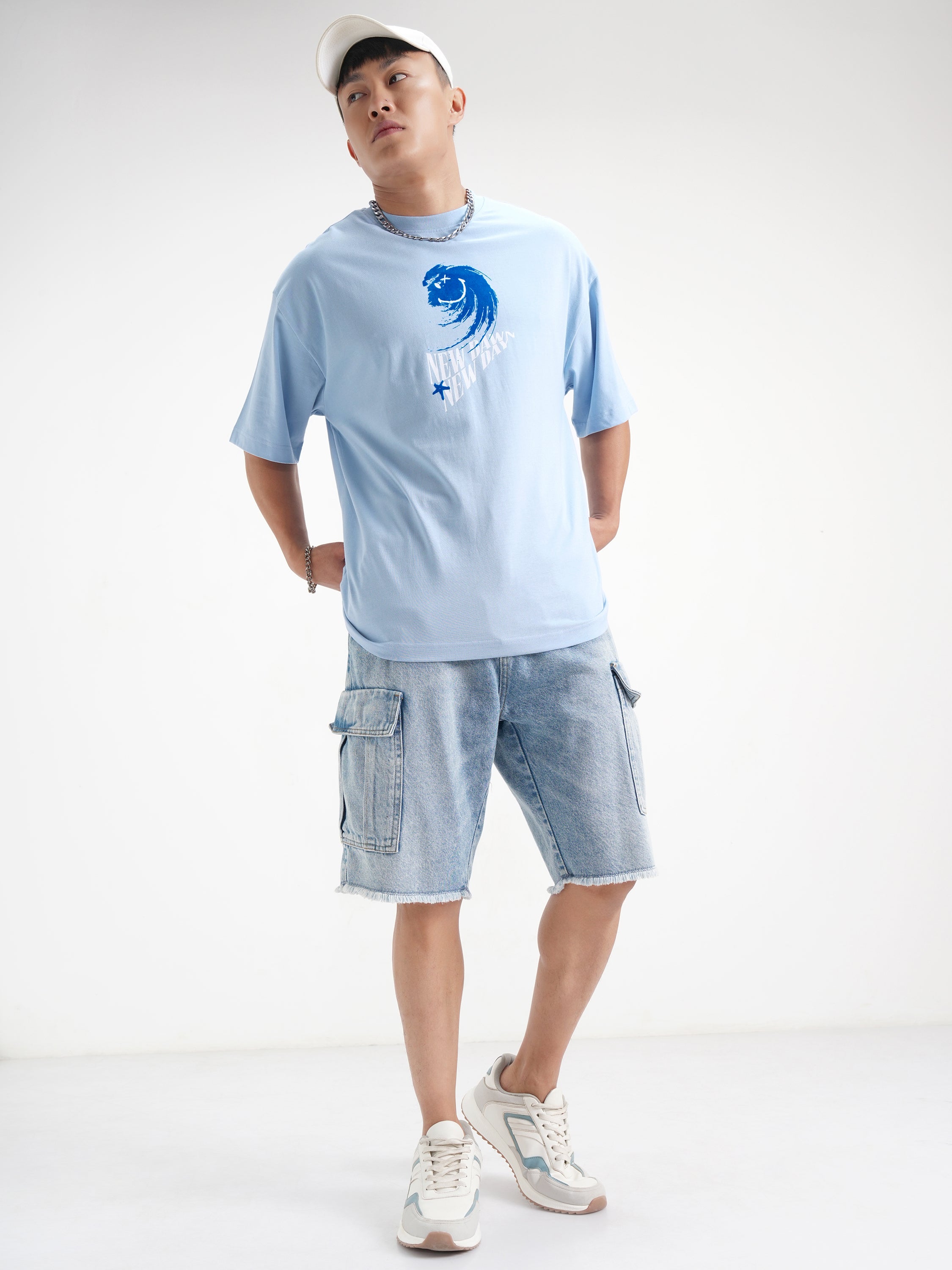 Highlander Men Blue SmileyWorldÂ® Printed Round Neck Oversized Fit T-Shirt - Blue - Image 2