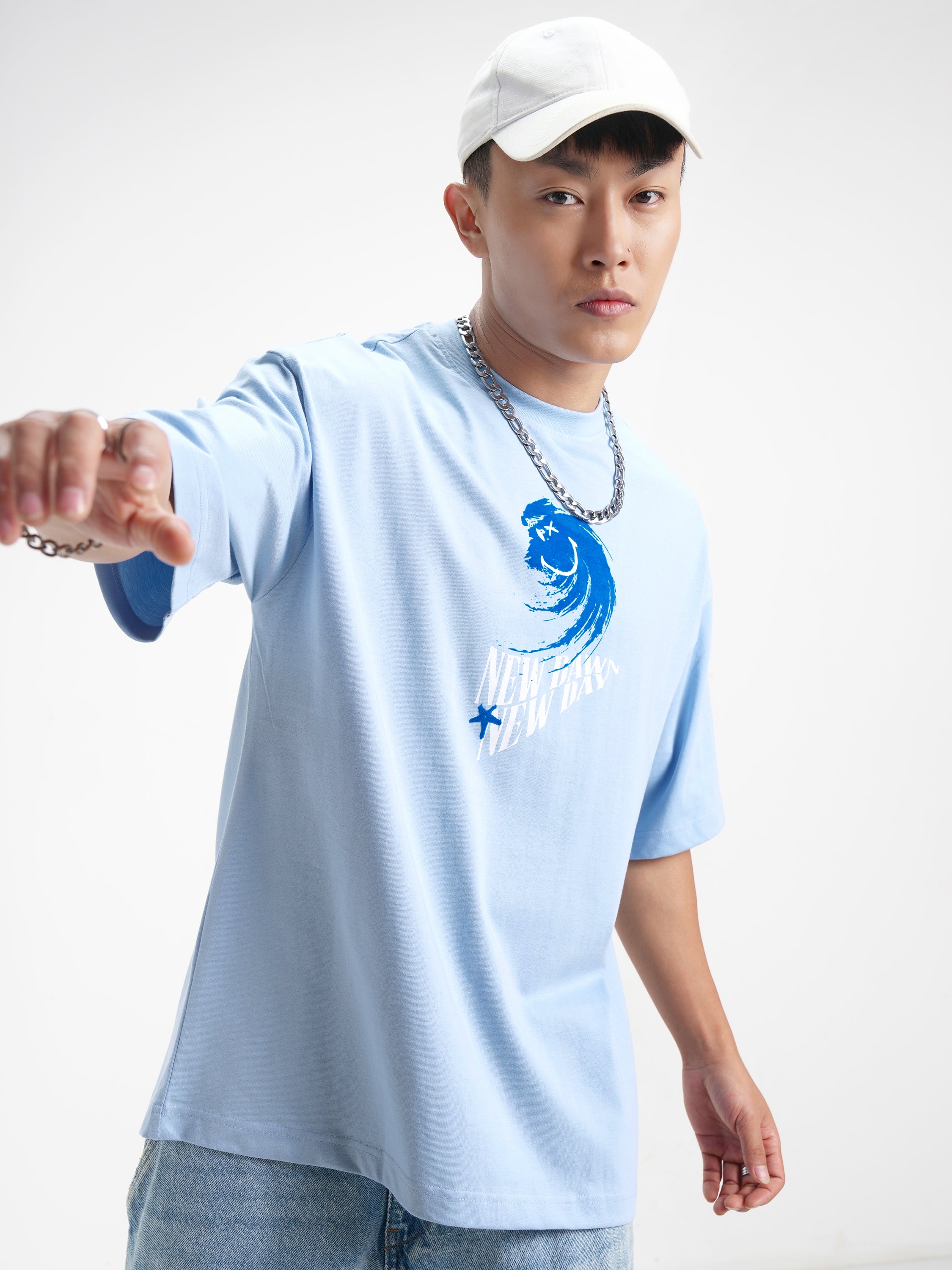 Highlander Men Blue SmileyWorldÂ® Printed Round Neck Oversized Fit T-Shirt - Blue - Image 3