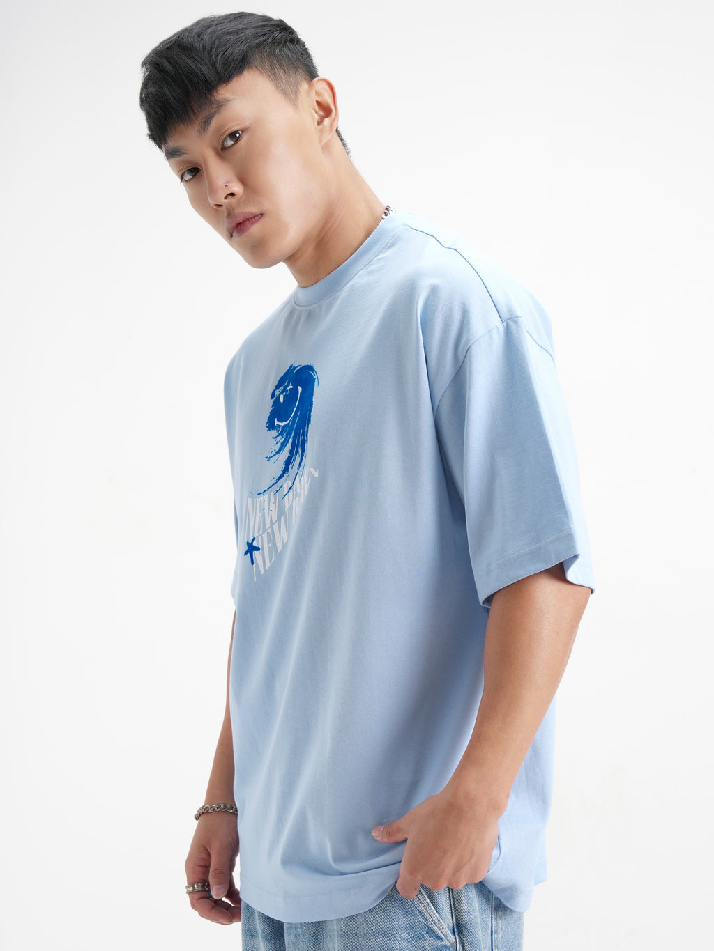 Highlander Men Blue SmileyWorldÂ® Printed Round Neck Oversized Fit T-Shirt - Blue - Image 4