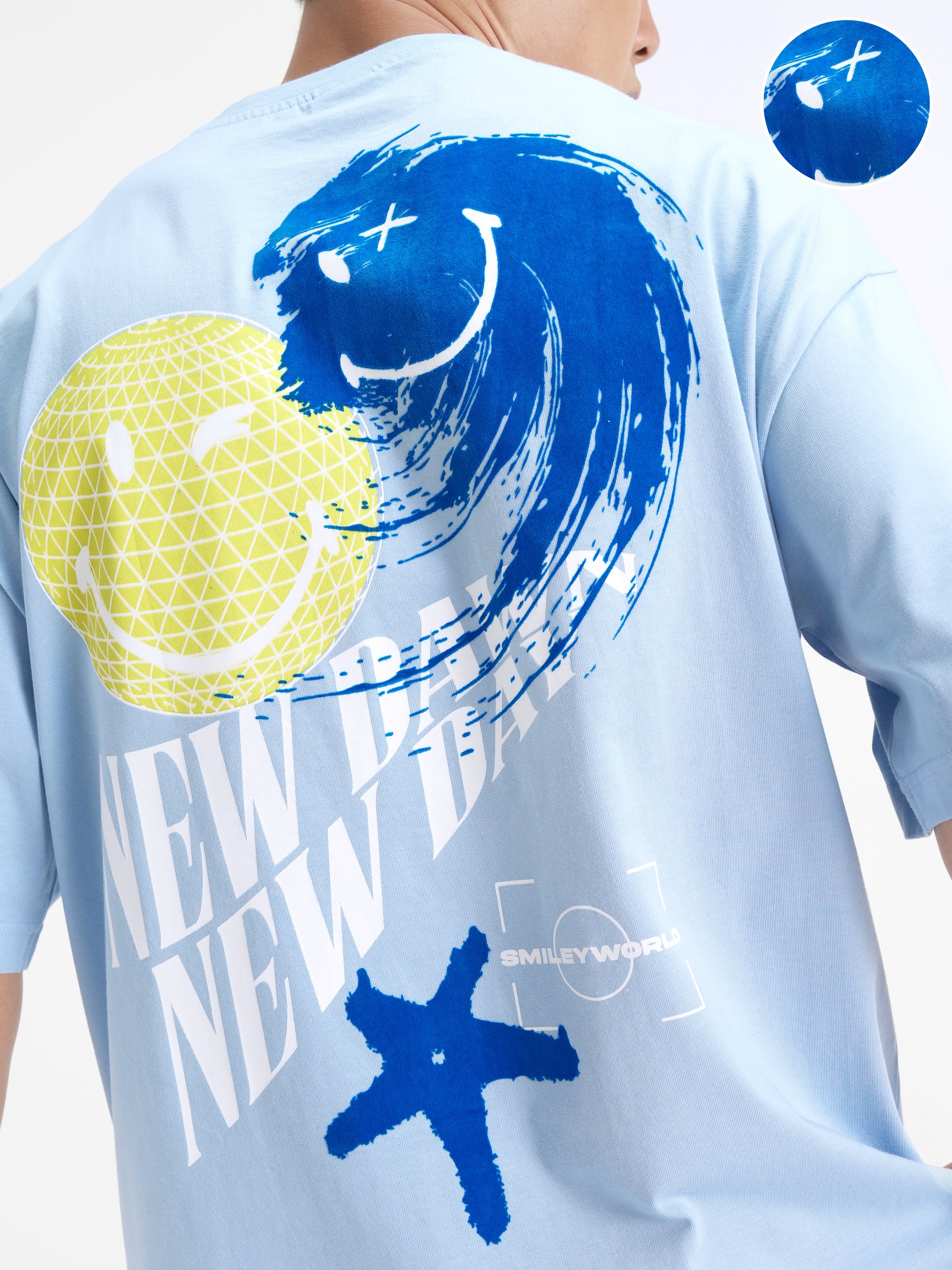Highlander Men Blue SmileyWorldÂ® Printed Round Neck Oversized Fit T-Shirt - Blue - Image 5