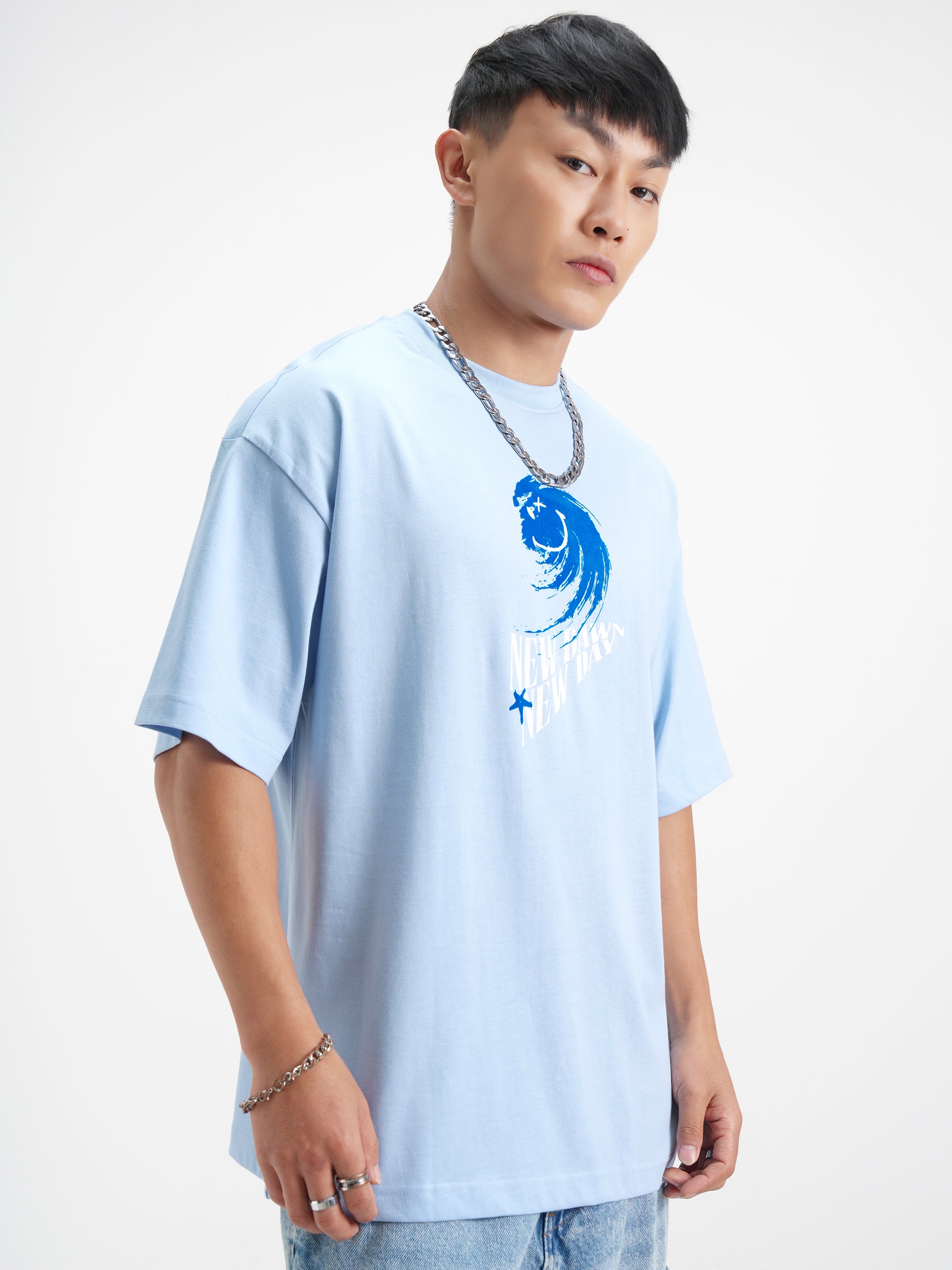 Highlander Men Blue SmileyWorldÂ® Printed Round Neck Oversized Fit T-Shirt - Blue - Image 6