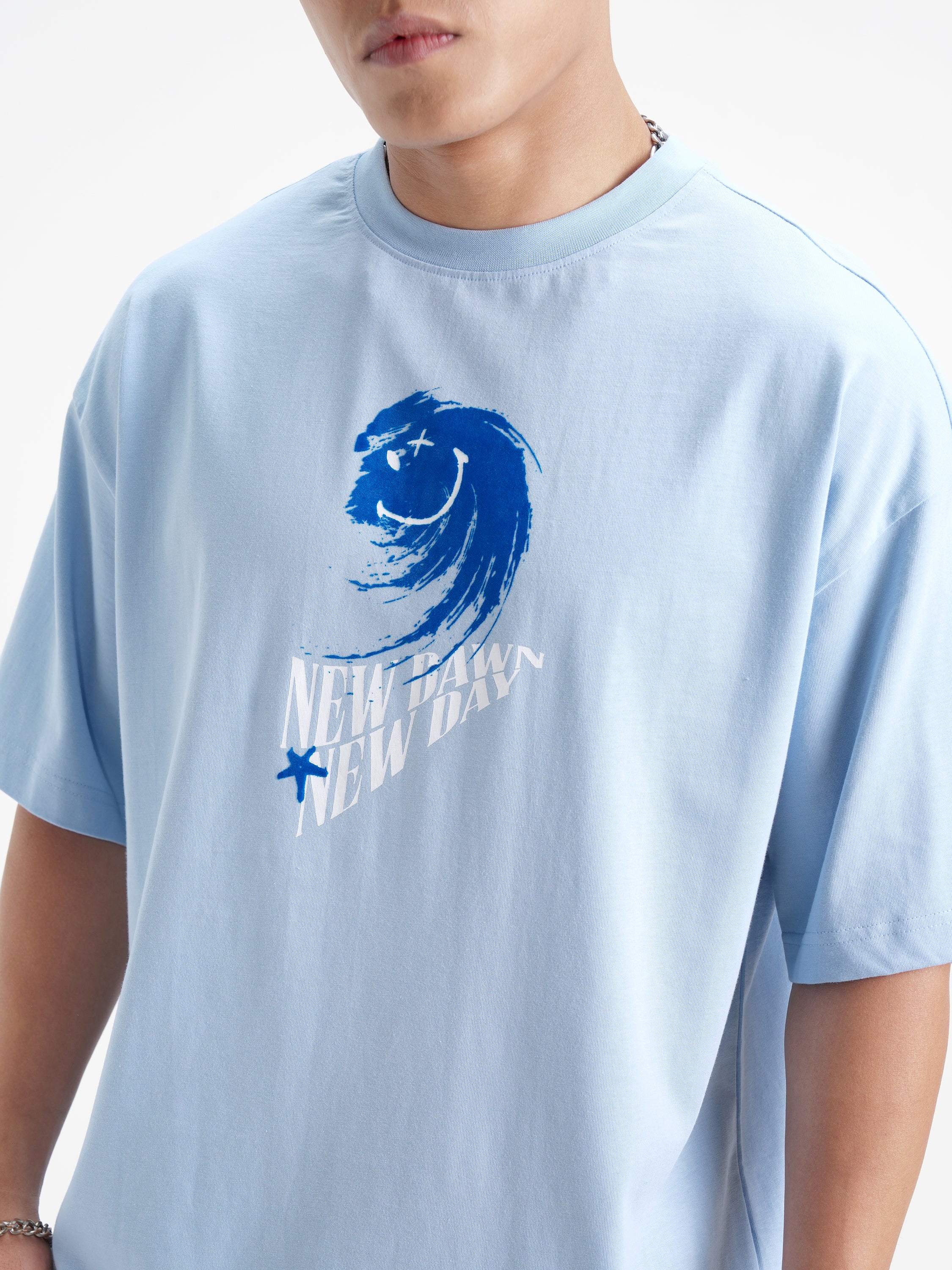 Highlander Men Blue SmileyWorldÂ® Printed Round Neck Oversized Fit T-Shirt - Blue - Image 7