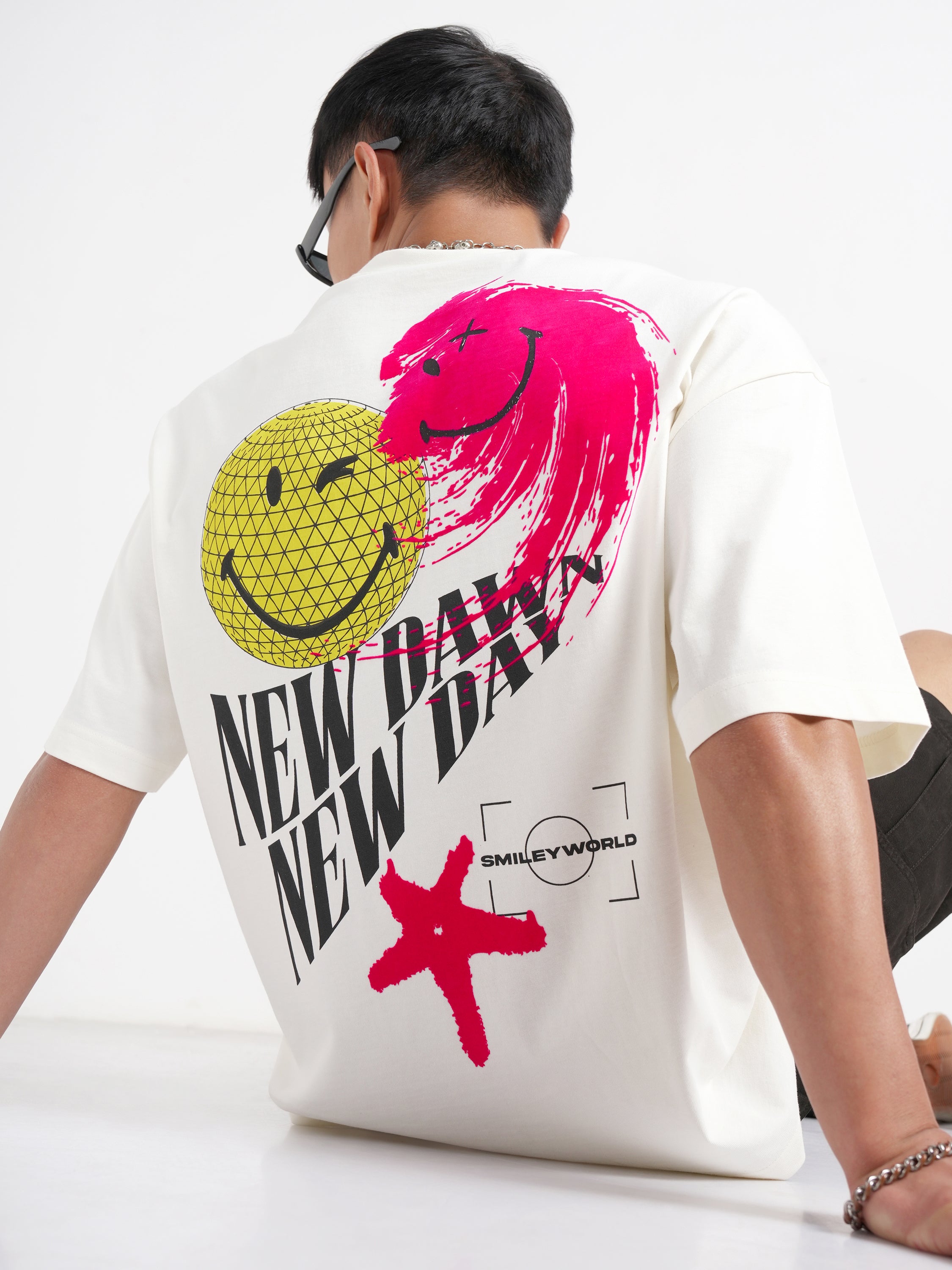 Highlander Men Off White SmileyWorldÂ® Printed Round Neck Oversized Fit T-Shirt - Off White - Image 1